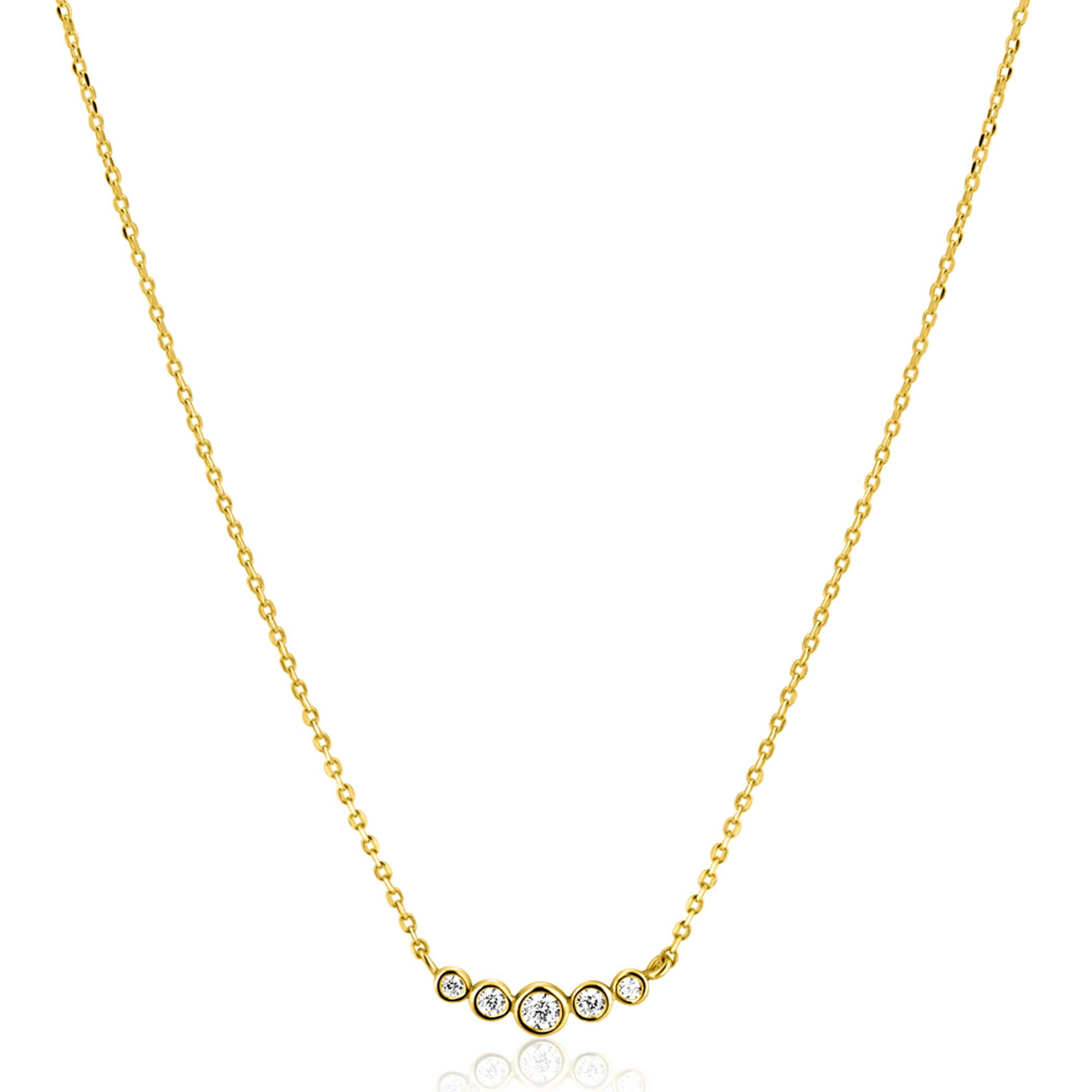 ZINZI Gold 14 karaat gouden ketting met vijf ronde witte zirconia's op een rij 45cm ZGC556

