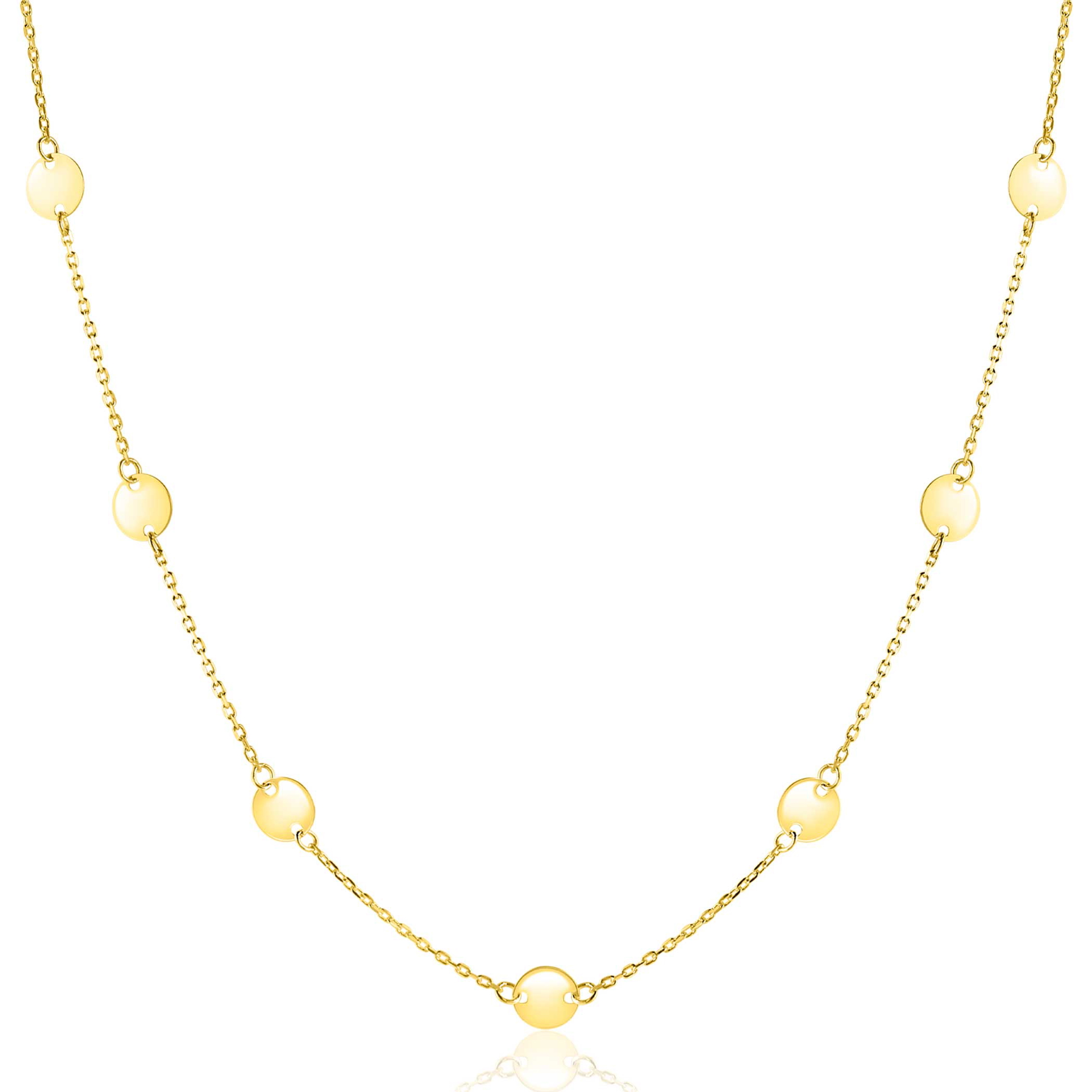 ZINZI Gold 14 krt gouden ketting met subtiele jasseron schakels en negen ronde gladde plaatjes 5mm breed 42-45cm ZGC503
