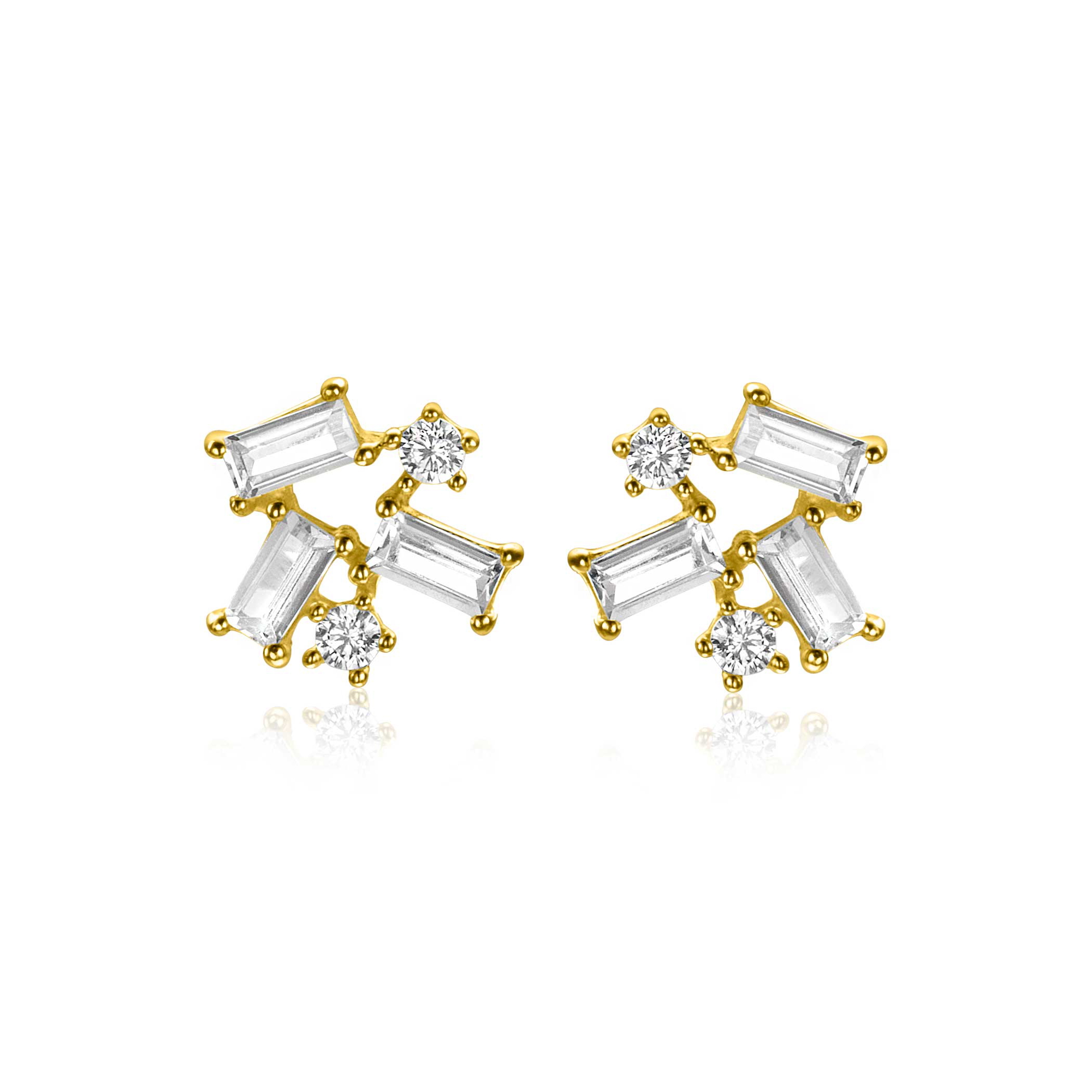 8mm ZINZI Gold 14 ct gold fantasy stud earrings with rectangular baguette-cut and round white cubic zirconias ZGO511