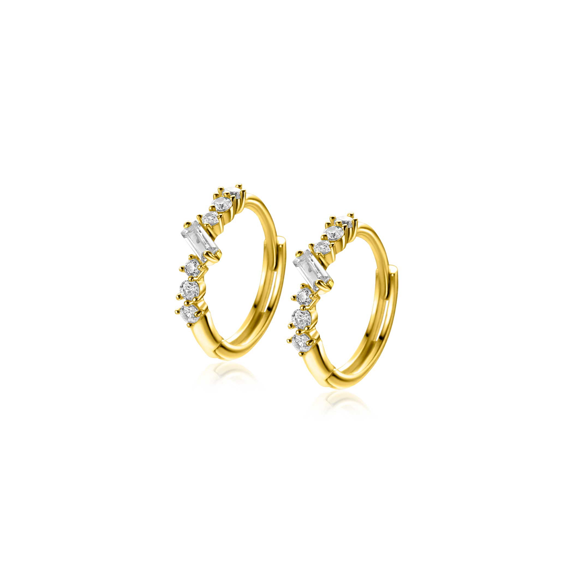 13mm ZINZI Gold 14 ct gold hoop earrings with rectangular baguette-cut zirconias and six round white cubic zirconias, with luxury clip closure 13 x 2mm ZGO528