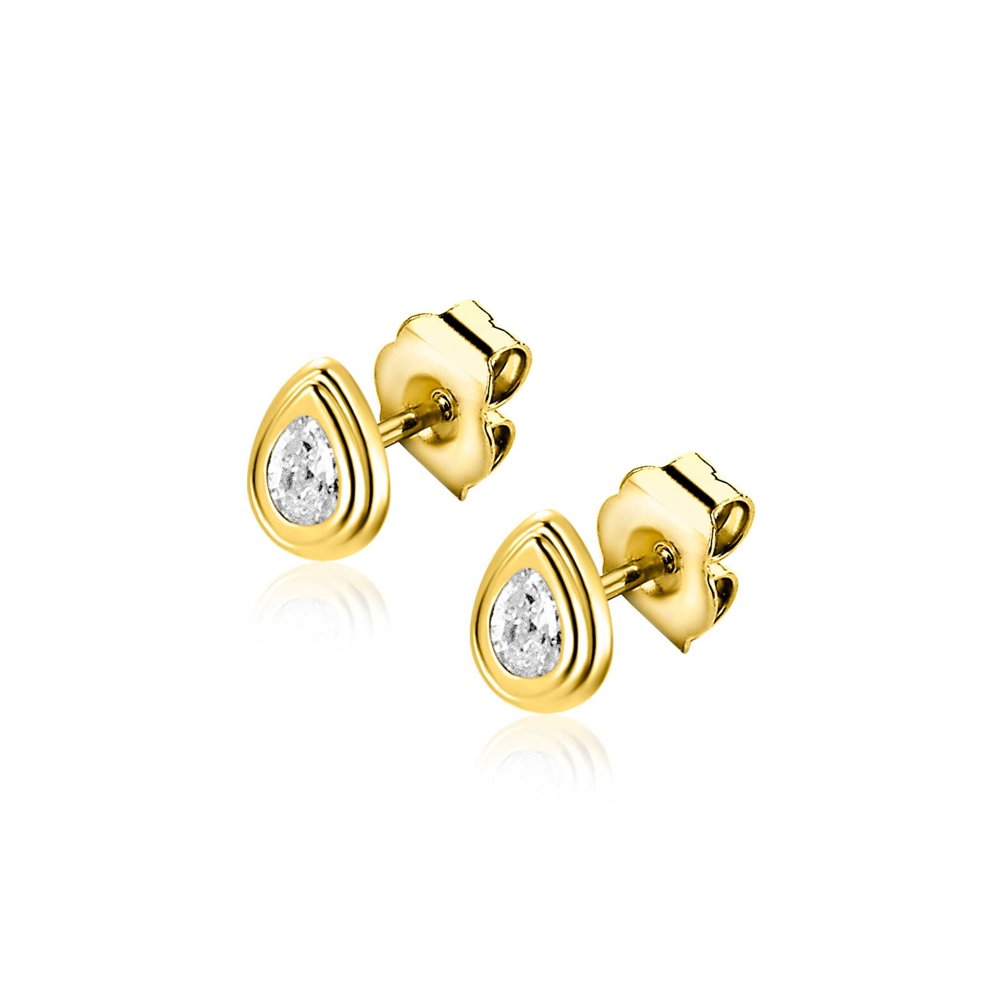 4,5mm ZINZI Gold 14 krt gouden oorstekers met druppelvormige witte zirconia in bewerkt kastje ZGO559
