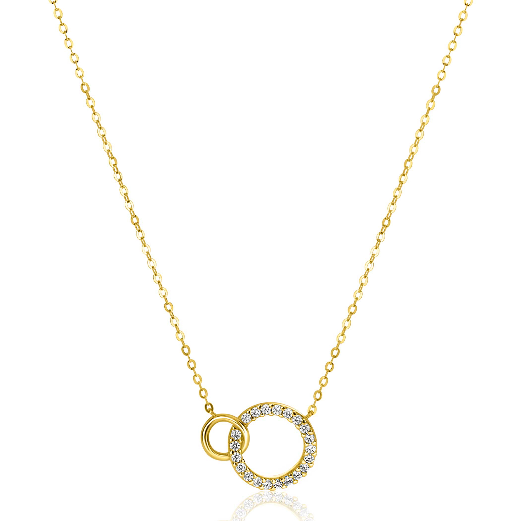 ZINZI Gold 14 krt gouden ketting met twee open rondjes, mooi met elkaar verbonden. Het groter rondje (11mm) is bezet met witte zirconia's 40-43cm ZGC460
