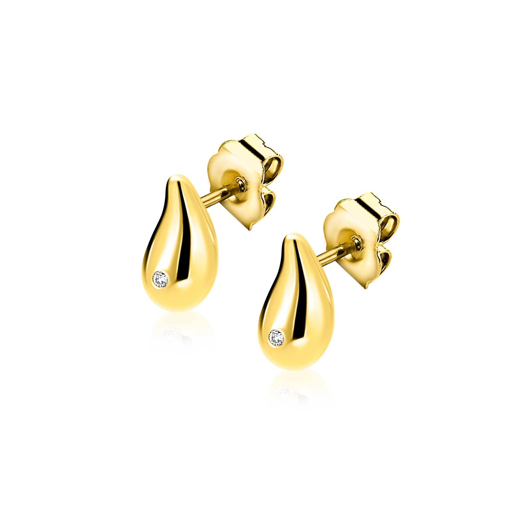9mm ZINZI Gold 14 krt gouden oorstekers in organische druppelvorm, met witte zirconia ZGO558
