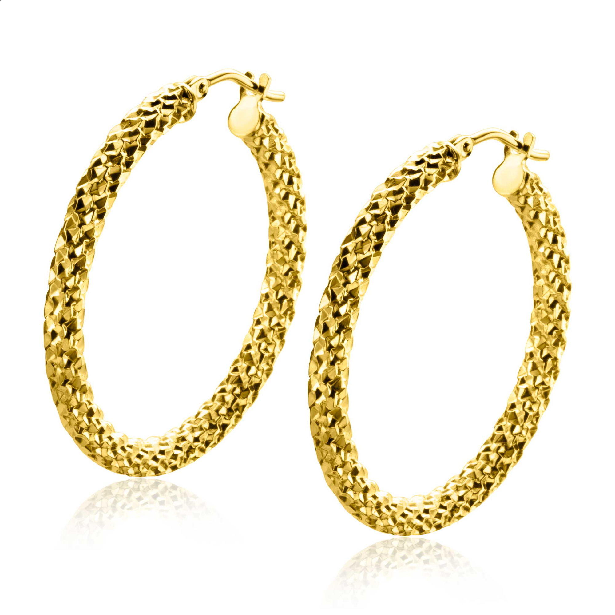 28mm ZINZI Gold 14 krt gouden oorringen met schitterende bewerkte buis 3mm breed ZGO329