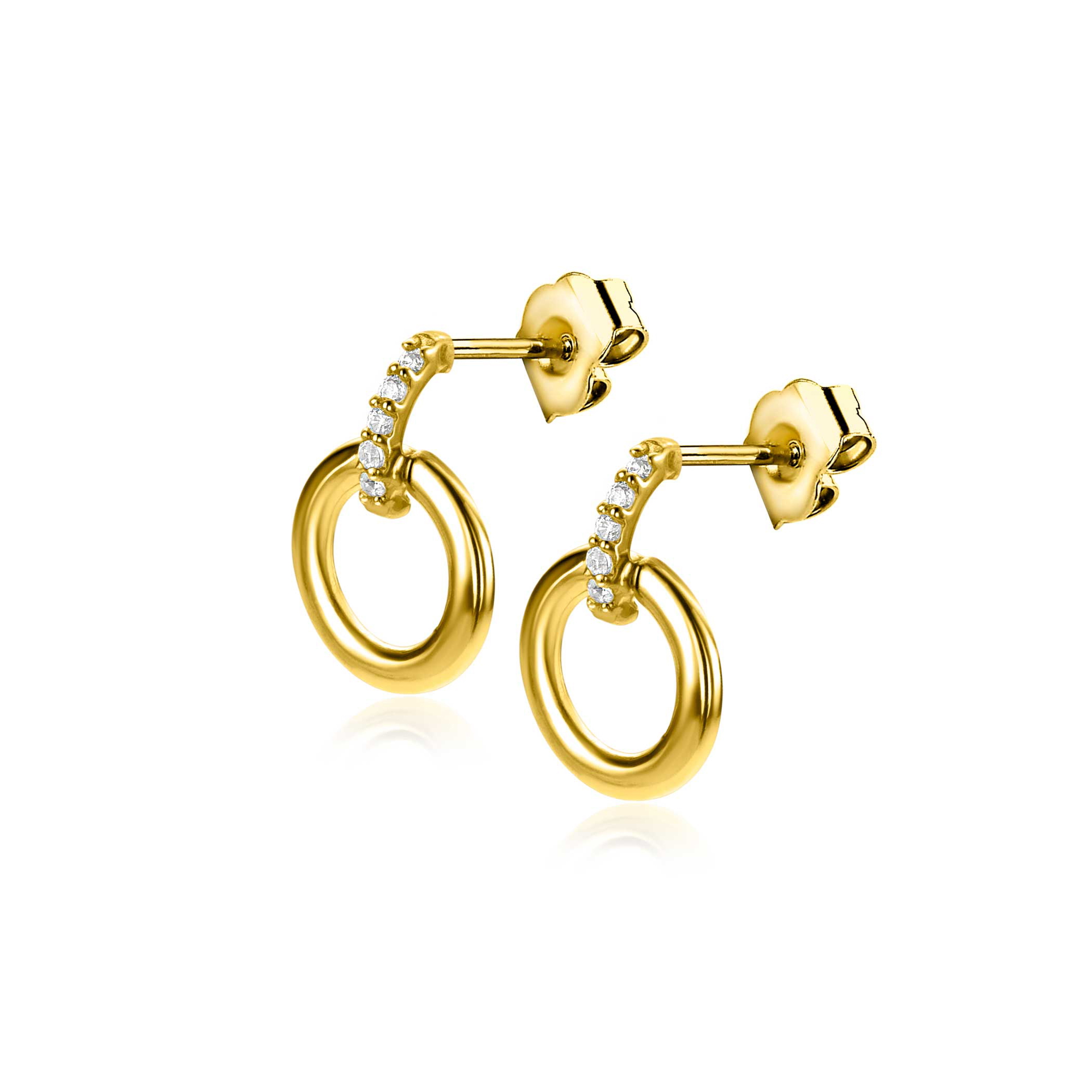 11mm ZINZI Gold 14 ct gold round stud earrings with tops set with white cubic zirconias ZGO512