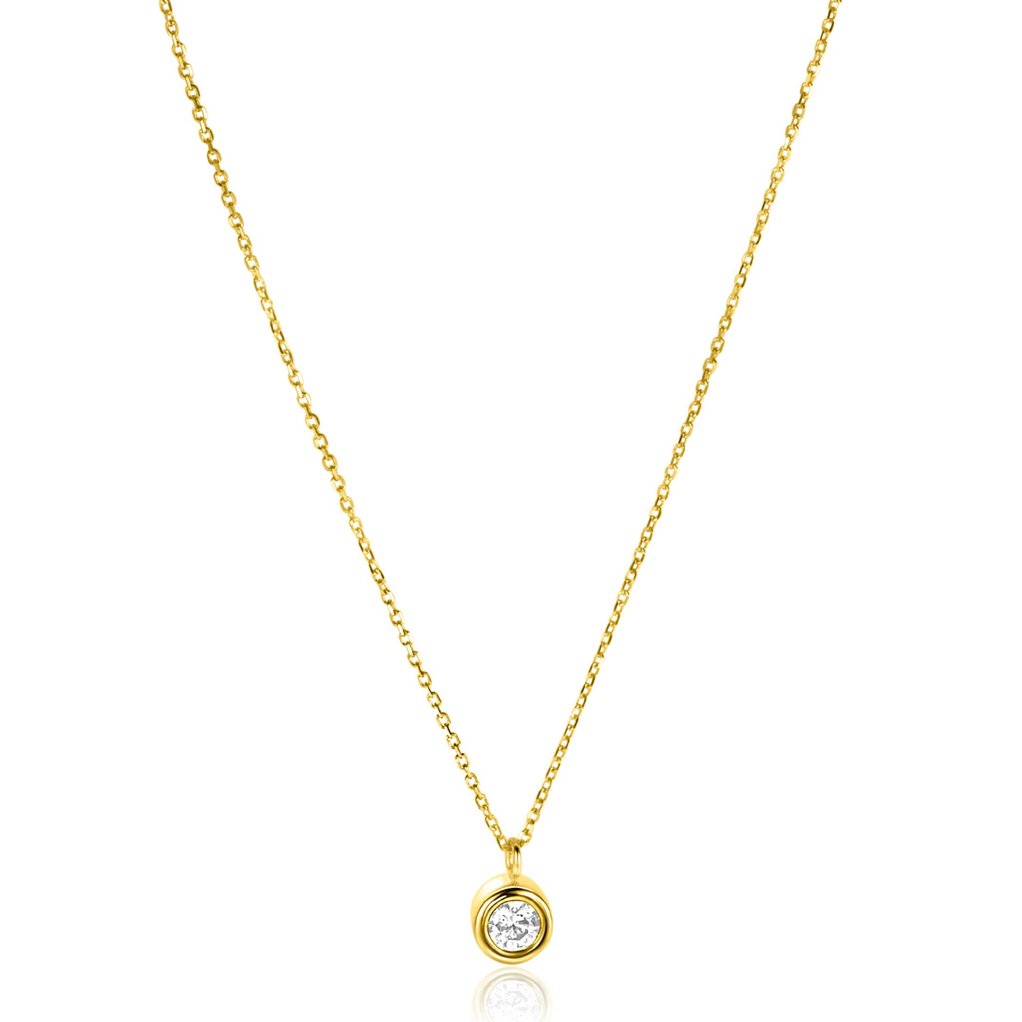 ZINZI Gold 14 krt gouden schakelkettinkje 43cm met sierlijke ronde hanger, bezet met witte zirconia ZGC371