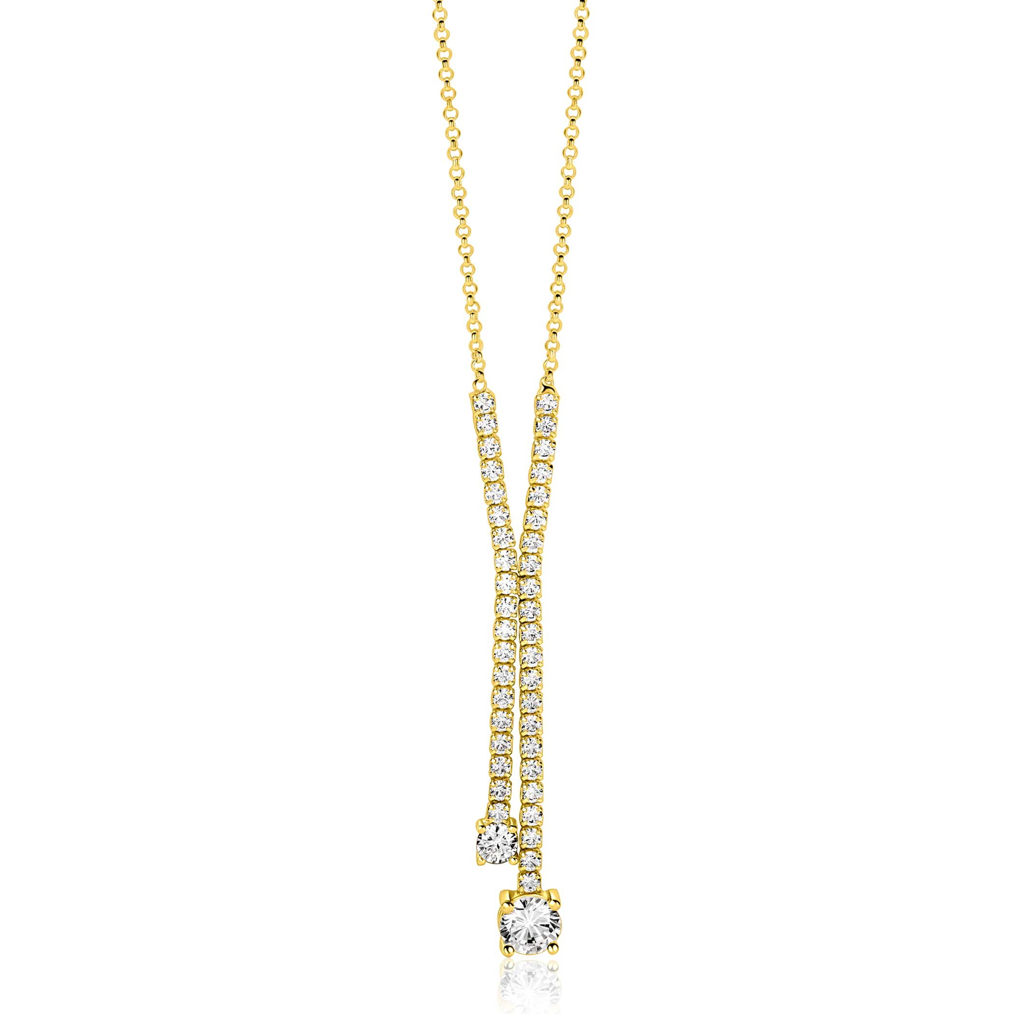 ZINZI gold plated zilveren Y-collier 45cm met luxe tennislook en witte zirkonia's in rijzetting met twee grotere witte zirkonia's ZIC2894Y