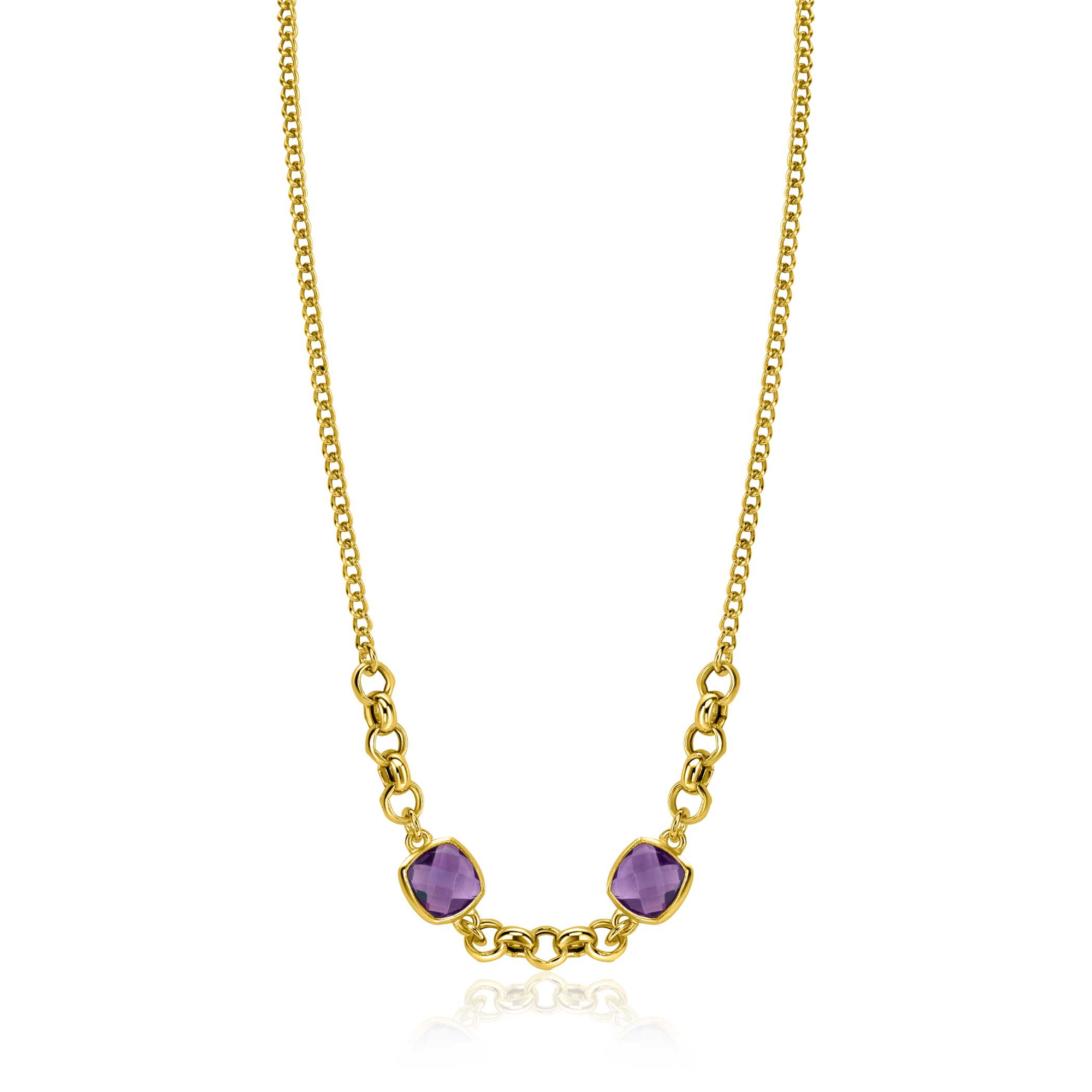 ZINZI gold plated zilveren gourmet schakel ketting met twee vierkante paarse kleurstenen 40-45cm ZIC-BF122