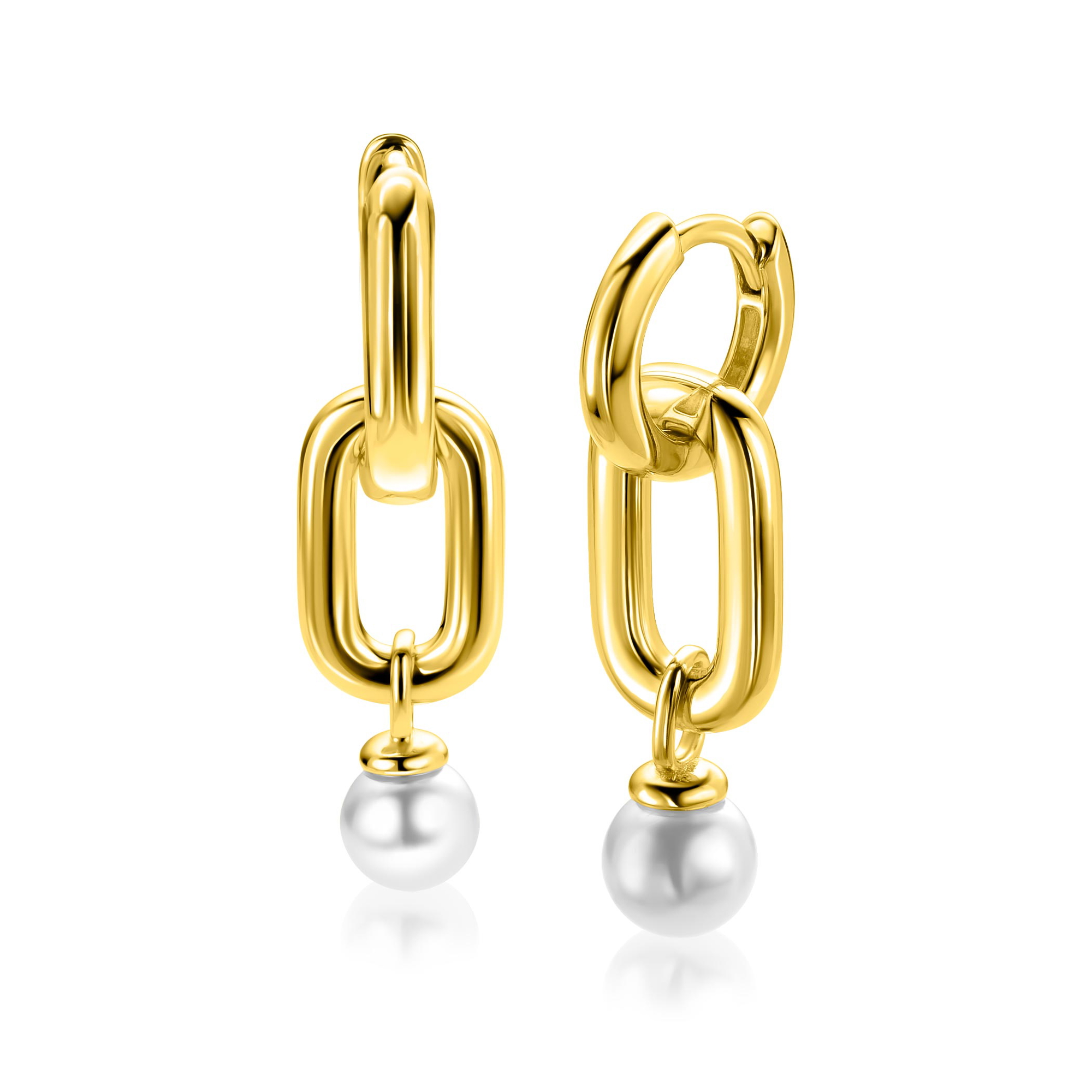 23mm ZINZI goldplated zilveren oorbedels met een langwerpige stoere schakel en witte parel ZICH2821G (zonder oorringen)
