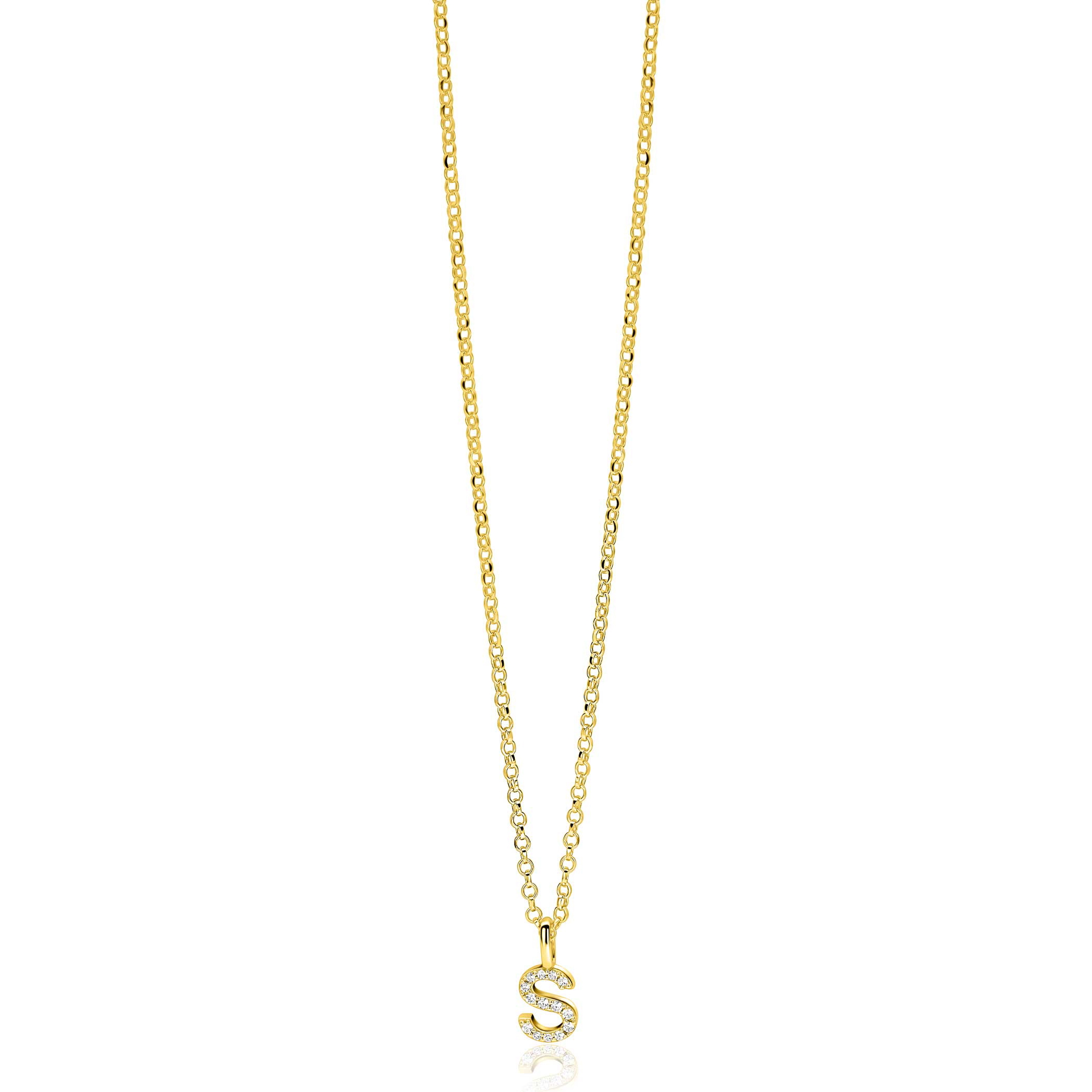ZINZI gold plated zilveren letter hanger S bezet met witte zirkonia's ZIH2828-S (zonder ketting)