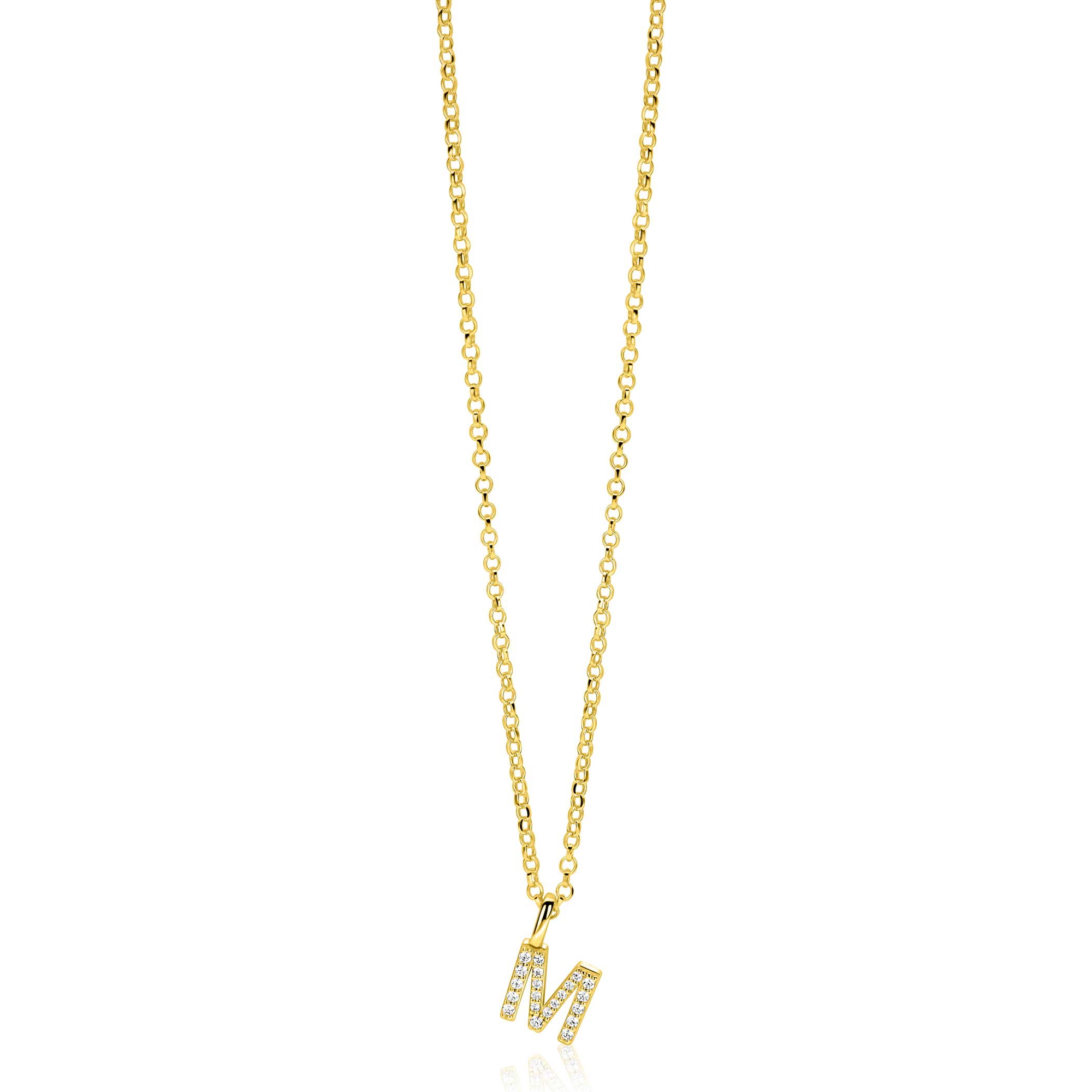 ZINZI gold plated zilveren letter hanger M bezet met witte zirkonia's ZIH2828-M (zonder ketting)