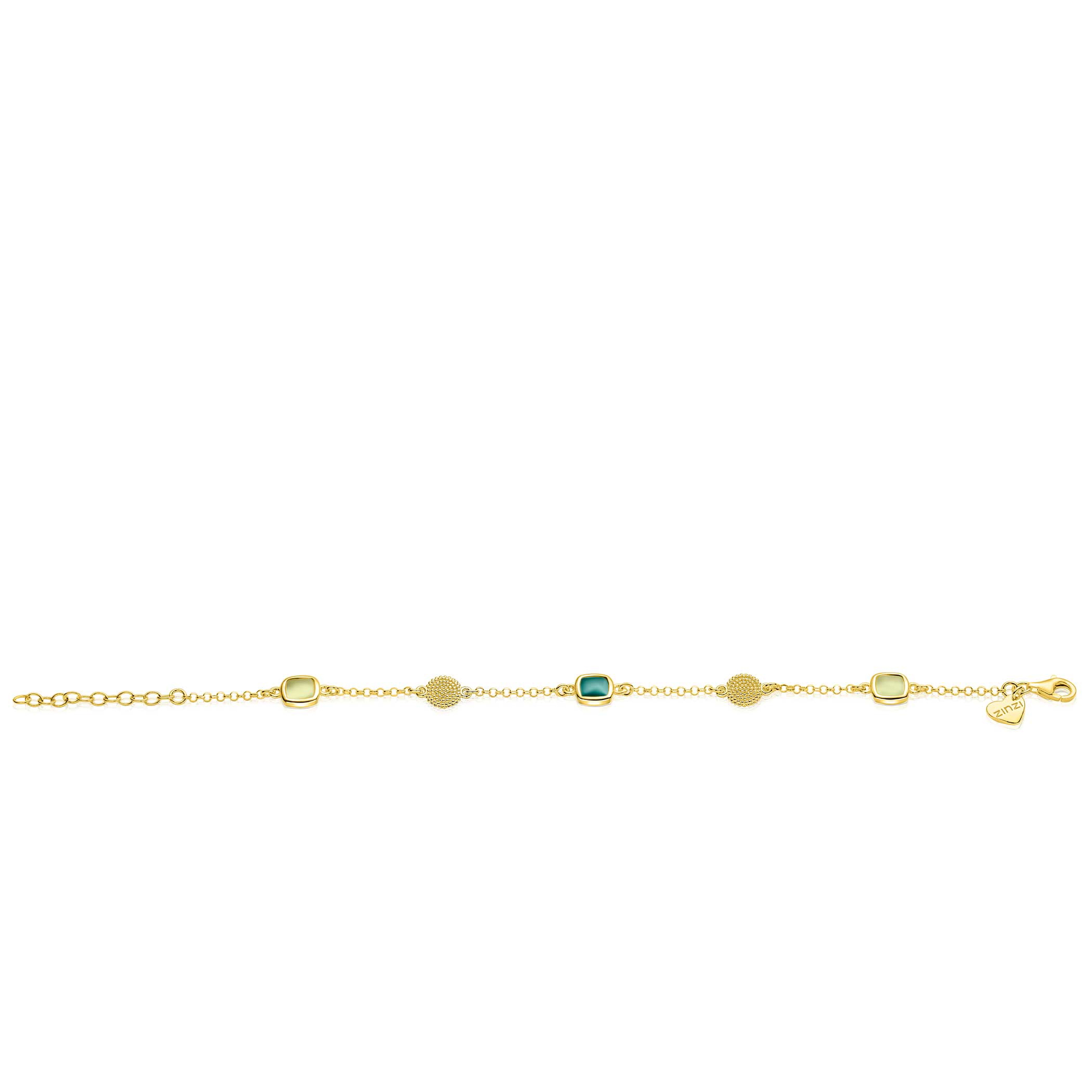 ZINZI gold plated zilveren armband met drie vierkante kleurstenen in zachte groentinten, afgewisseld met ronde structuurelementen ZIA2904