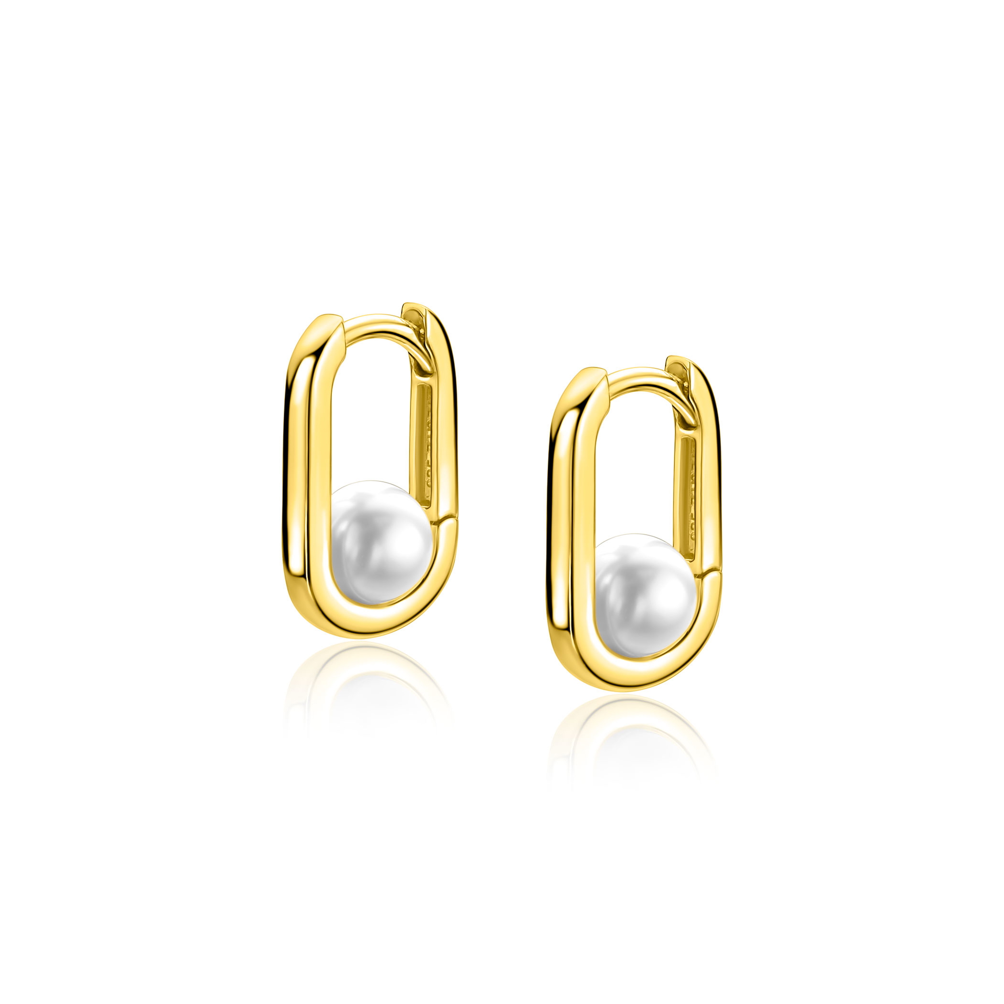 13,5mm ZINZI gold plated zilveren ovale oorringen met witte parel en luxe klapsluiting ZIO-BF146
