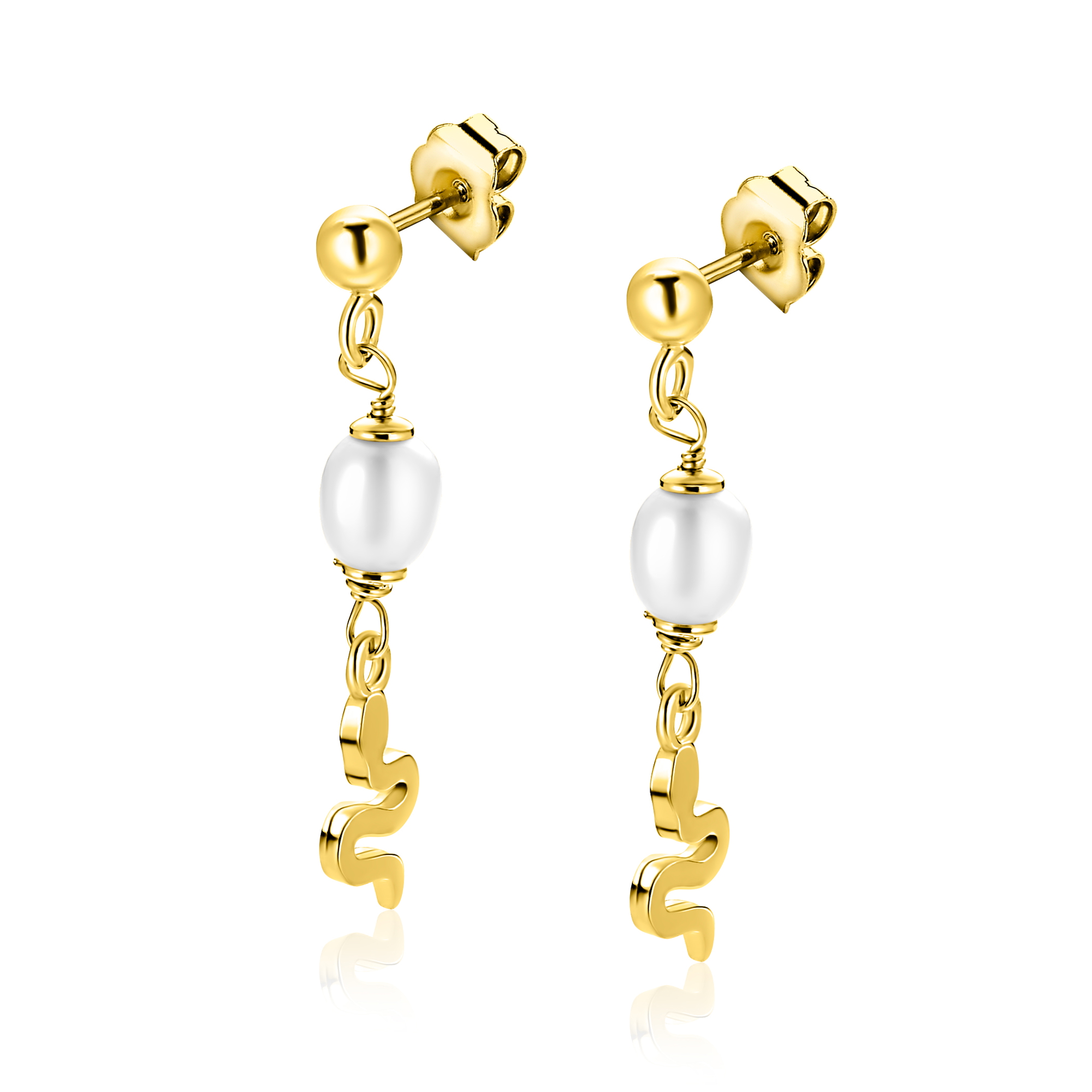 35mm ZINZI gold plated zilveren oorstekers met slang en witte zoetwaterparel ZIO2761