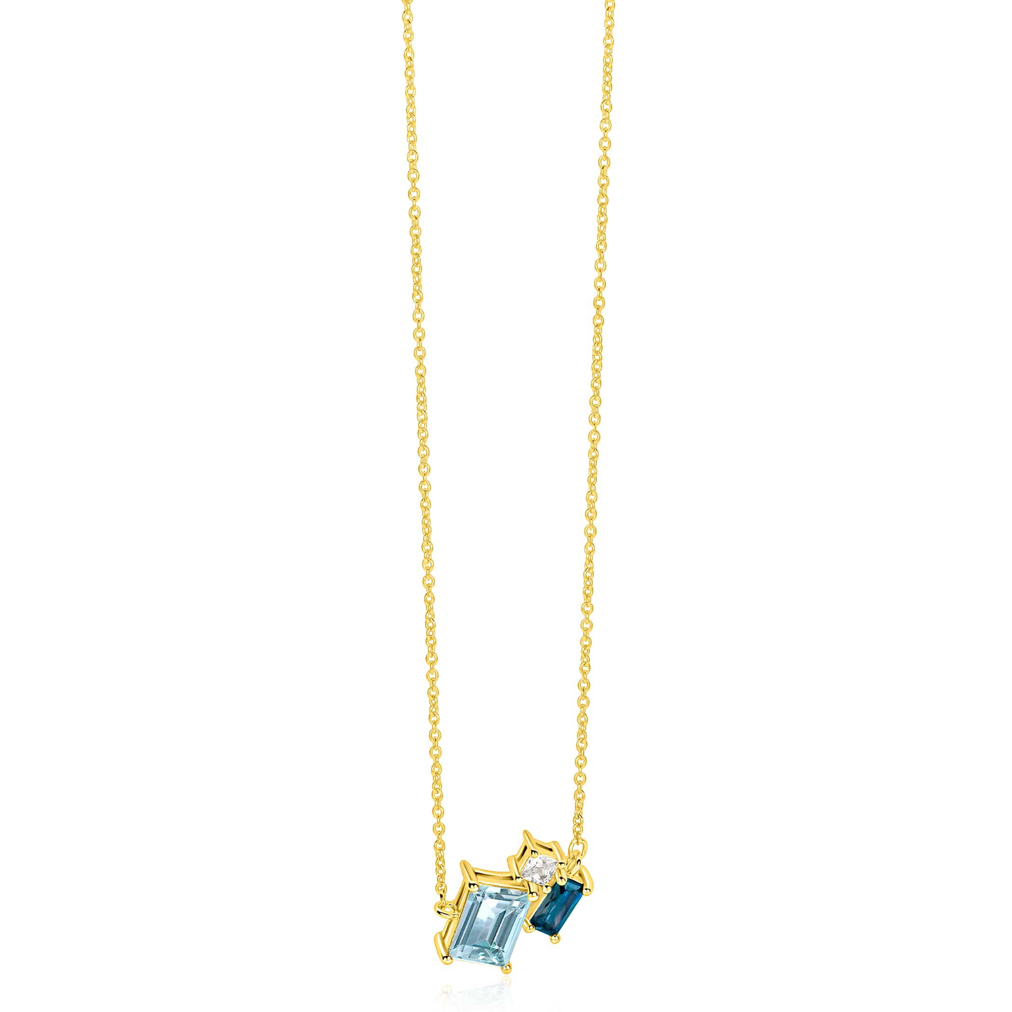 ZINZI gold plated zilveren collier 45cm met geometrische hanger (14mm) in lichtblauw, petrolblauw en wit ZIC2897