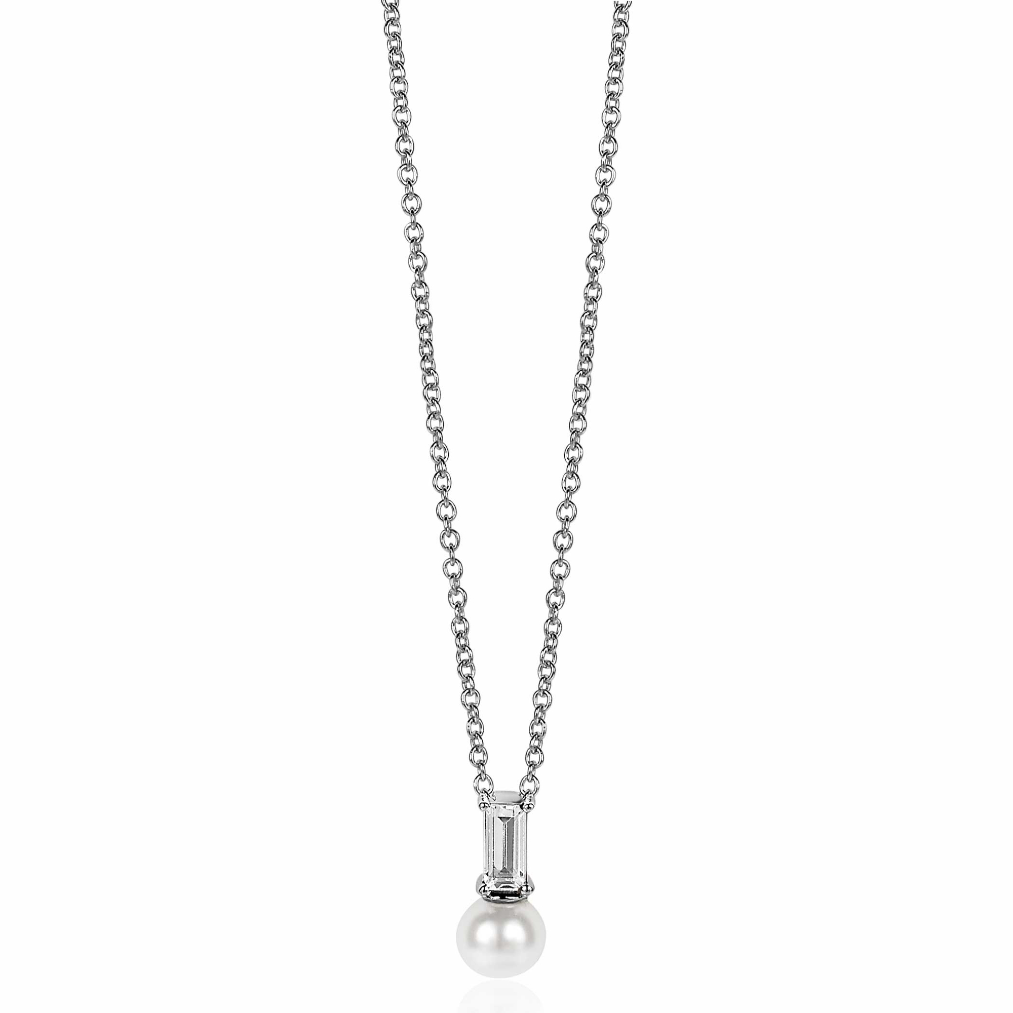 ZINZI zilveren witte parelhanger met witte baquette geslepen zirconia ZIH2135 (zonder collier)