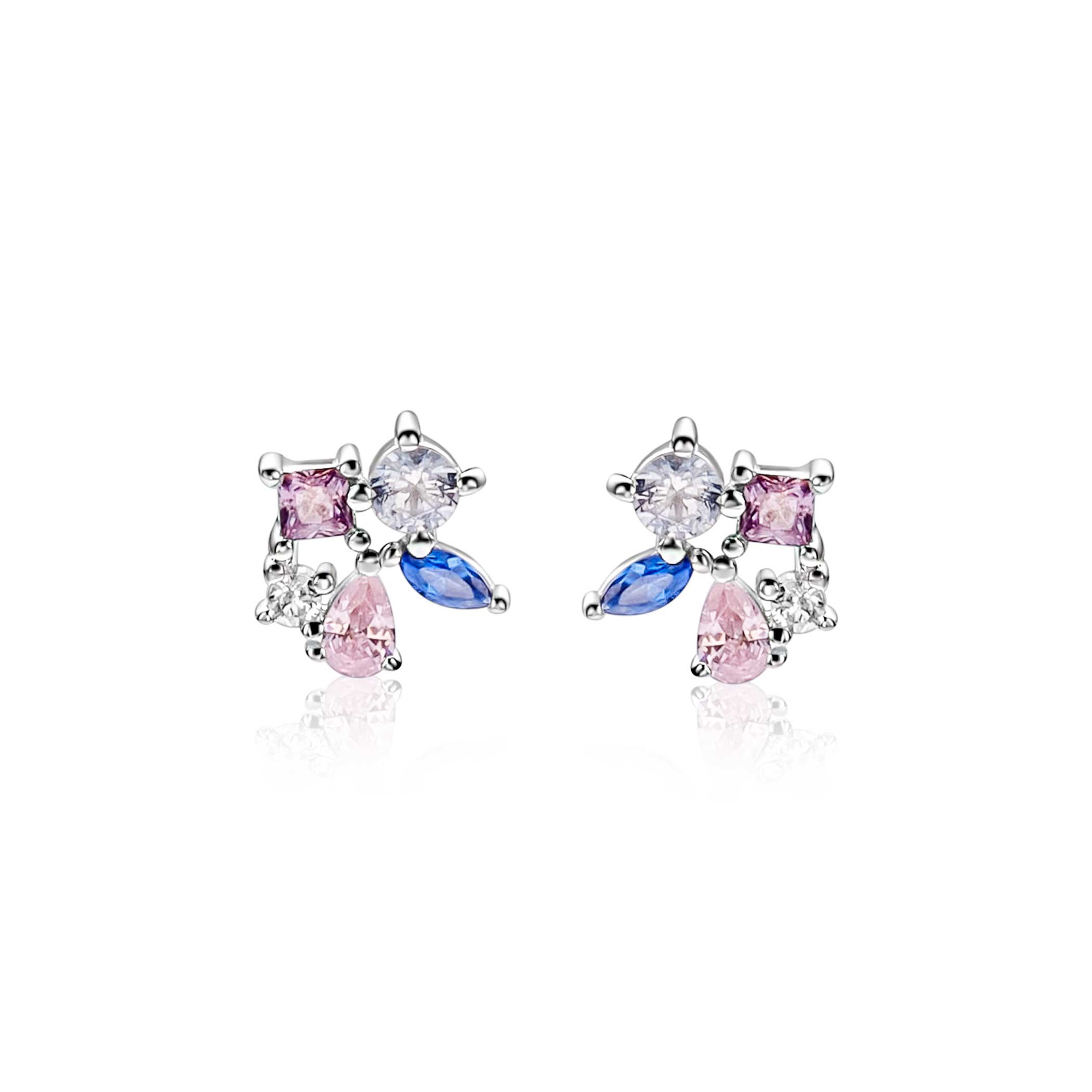 8mm ZINZI zilveren oorstekers bezet met een speelse combinatie van witte, roze, paarse en blauwe kleurstenen in verschillende slijpvormen ZIO2866