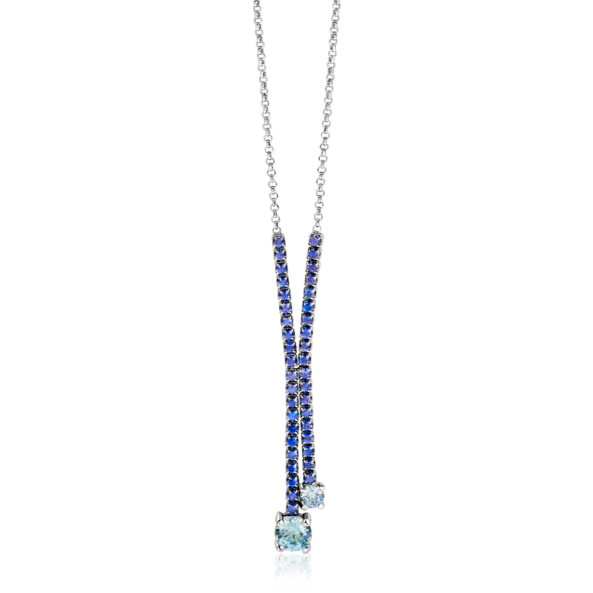 ZINZI zilveren Y-collier 45cm met luxe tennislook en saffierblauwe zirkonia's in rijzetting met twee grotere lichtblauwe zirkonia's ZIC2894B