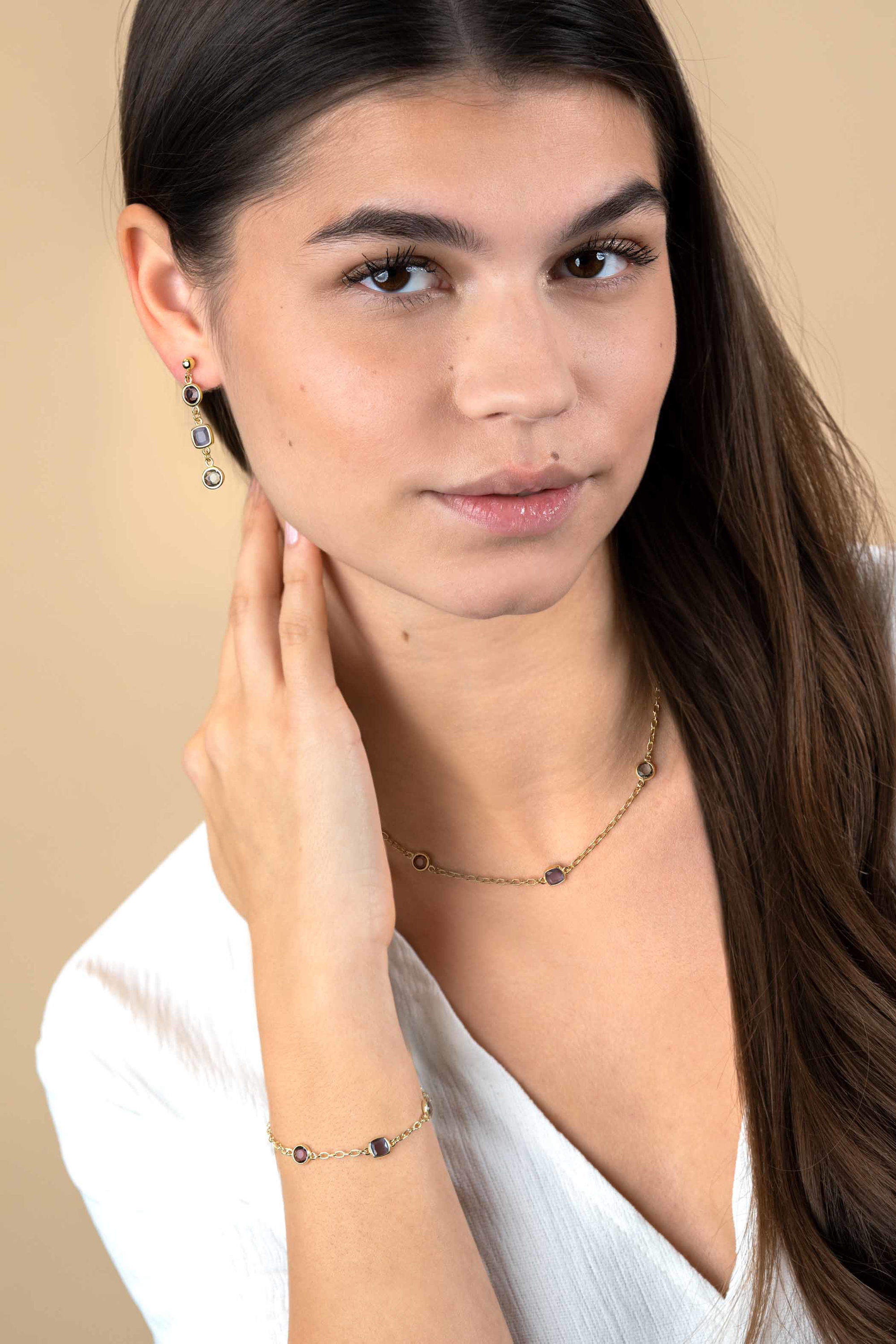 ZINZI gold plated zilveren schakelketting met ronde en vierkante zettingen pastel en paars 42-45cm ZIC2525G