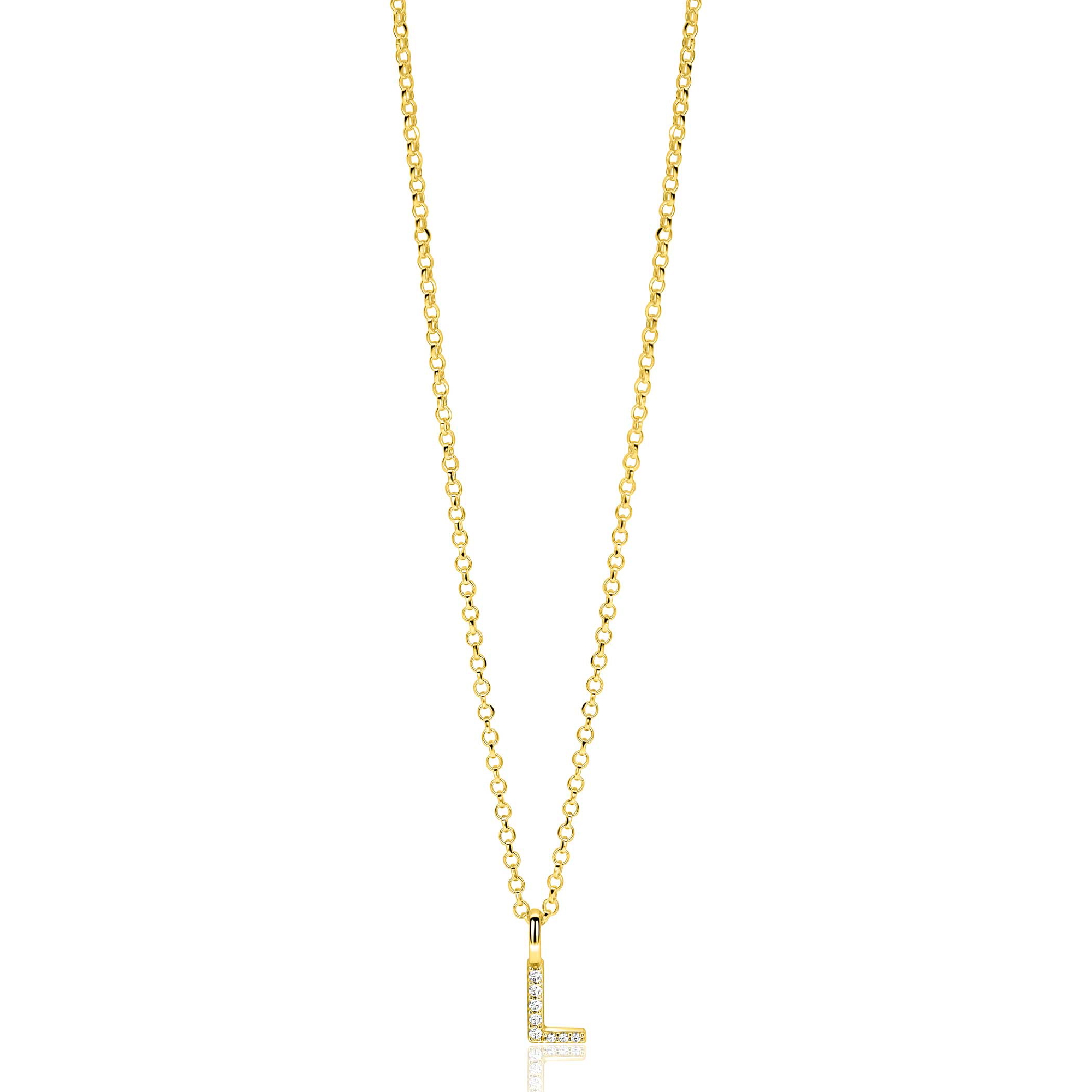 ZINZI gold plated zilveren letter hanger L bezet met witte zirkonia's ZIH2828-L (zonder ketting)