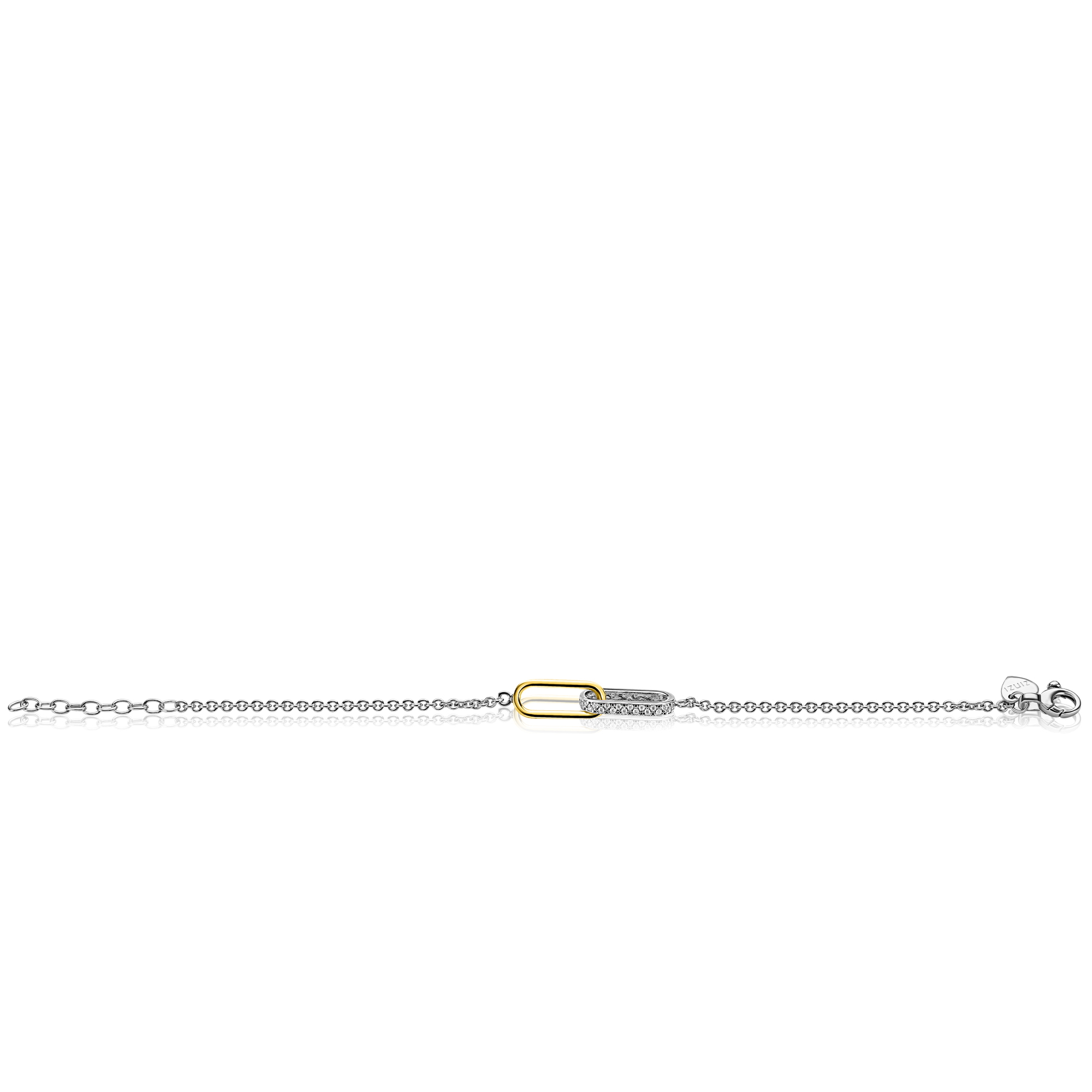 ZINZI zilveren schakelarmband met twee verbonden ovale schakels: ene gold plated, ander bezet met witte zirkonia's ZIA2758
