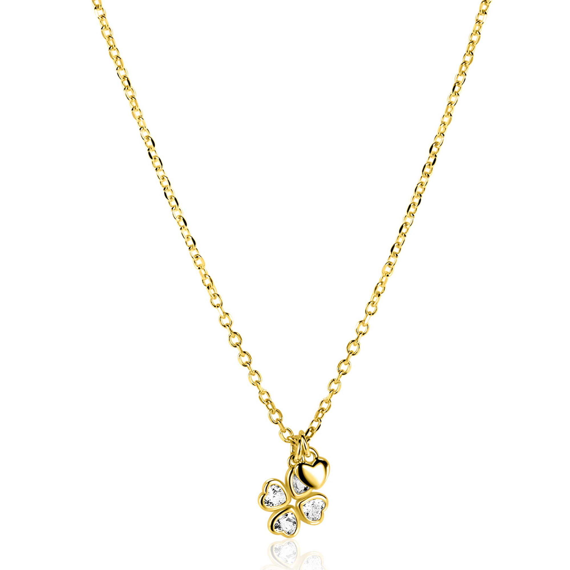 ZINZI zlv. collier gg.verg. met klaver zirc. en hartje
