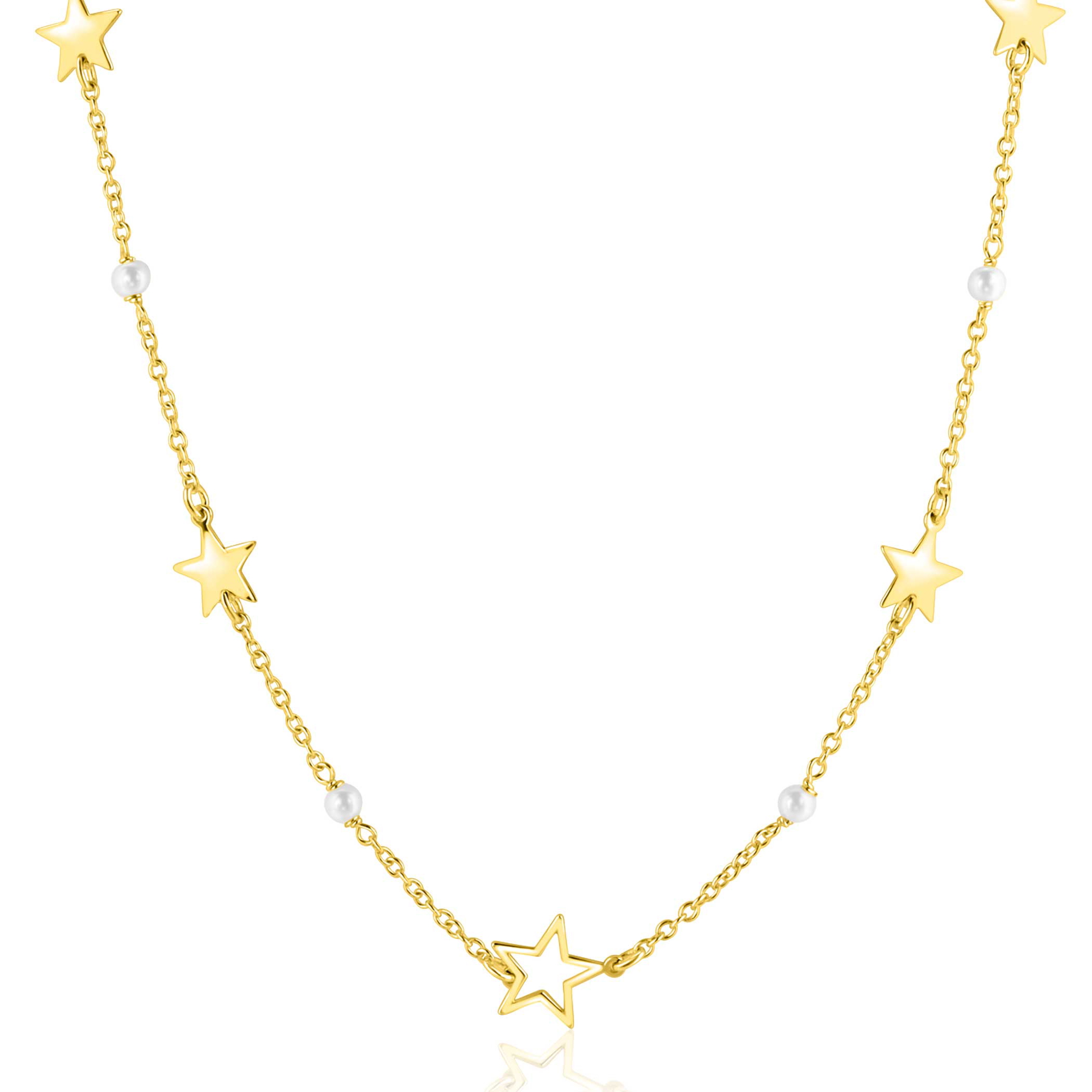ZINZI goldplated zilveren ketting 45cm met glanzende sterren en witte pareltjes ZIC2780