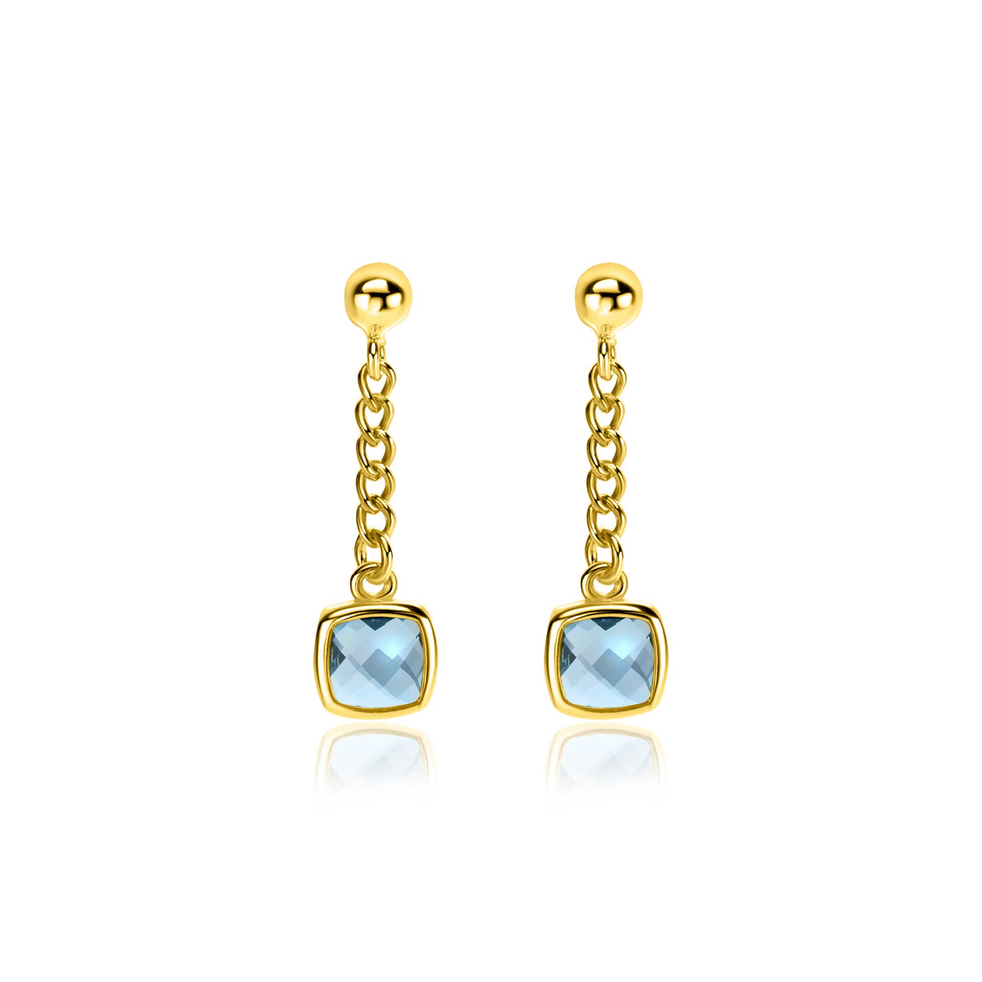 25mm ZINZI gold plated zilveren oorstekers met gourmet kettinkje en vierkante zetting bezet met indigo blauwe kleursteen ZIO2417G