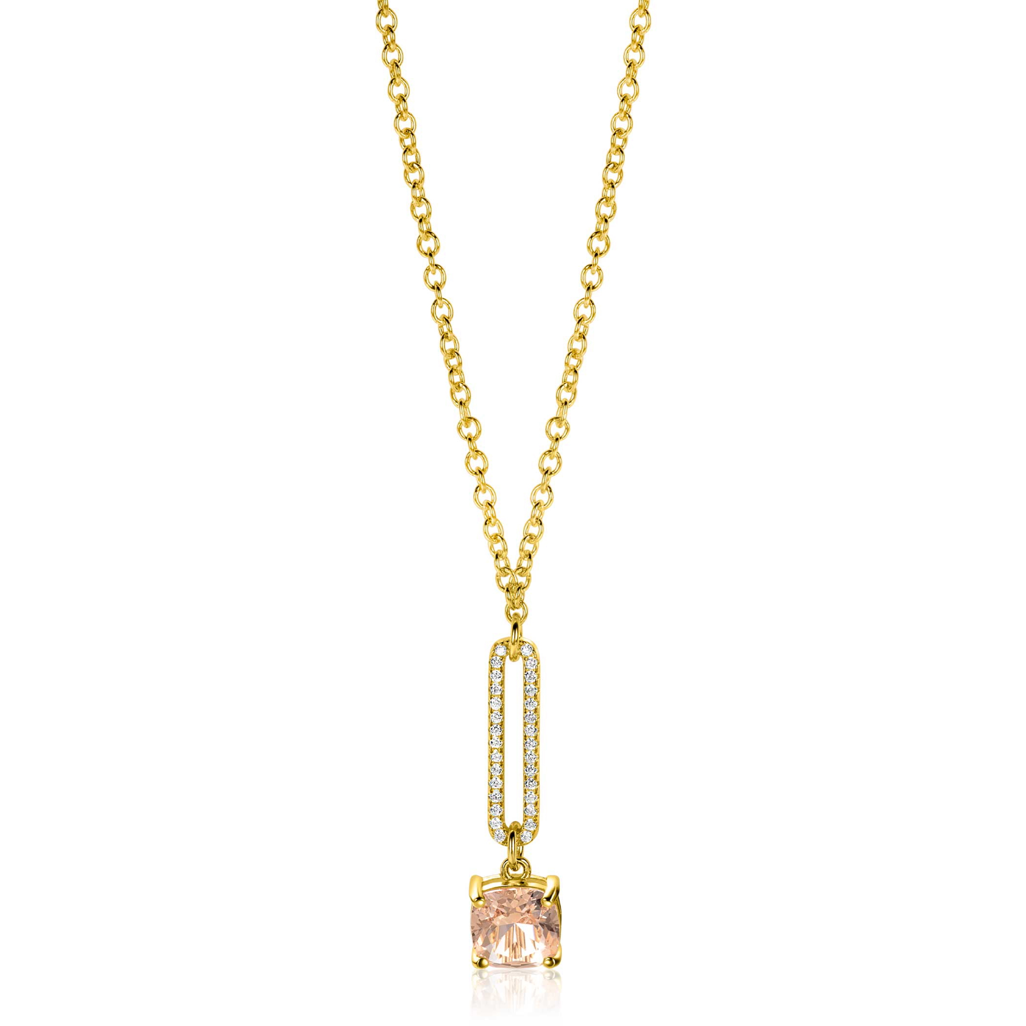 ZINZI gold plated silver belcher chain necklace with dazzling open oval shape and square pendant in light pink 42-45cm ZIC2579
