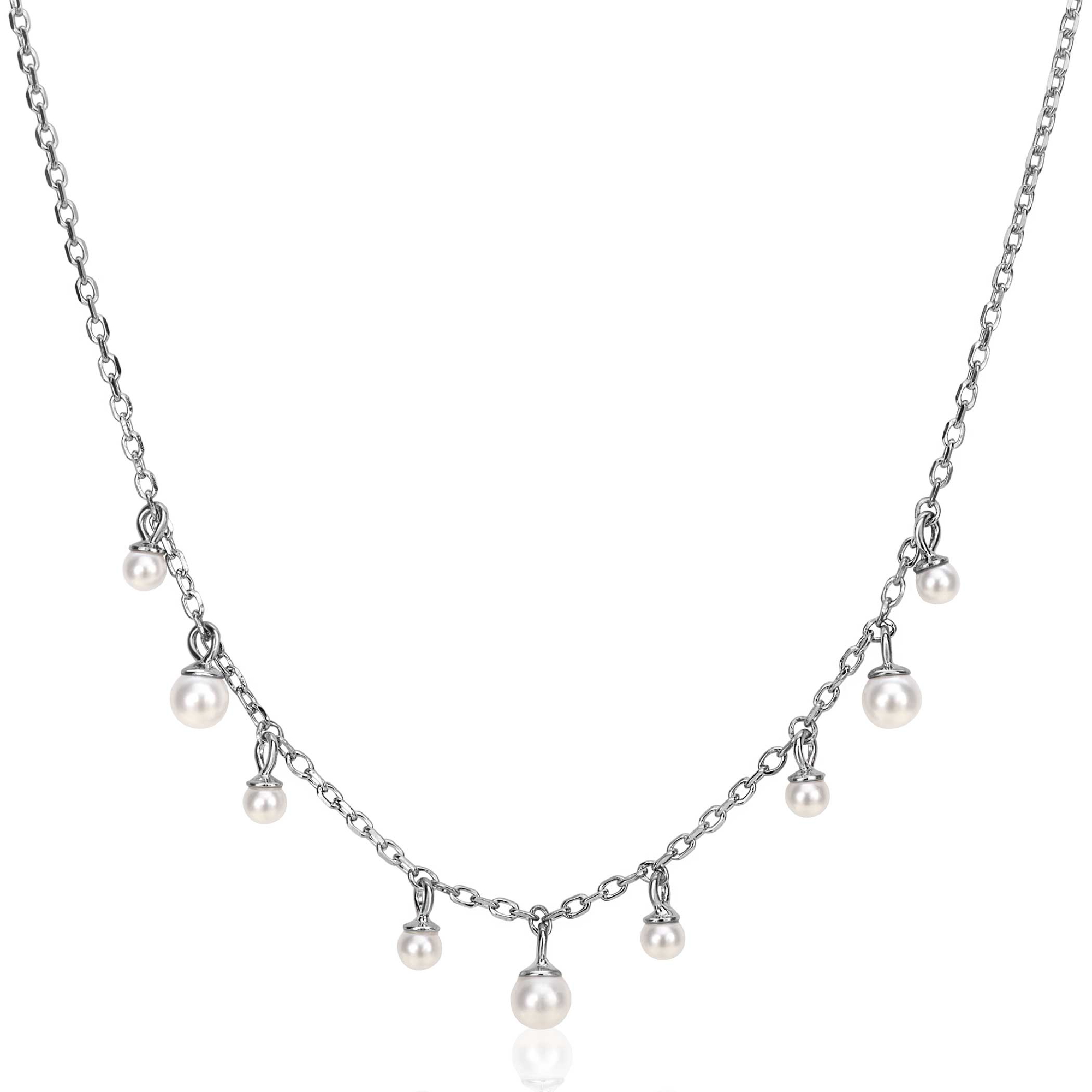 ZINZI zilveren schakelketting met negen ronde witte glasparels in verschillende groottes, speels verdeeld over de ketting 40-45cm ZIC2623