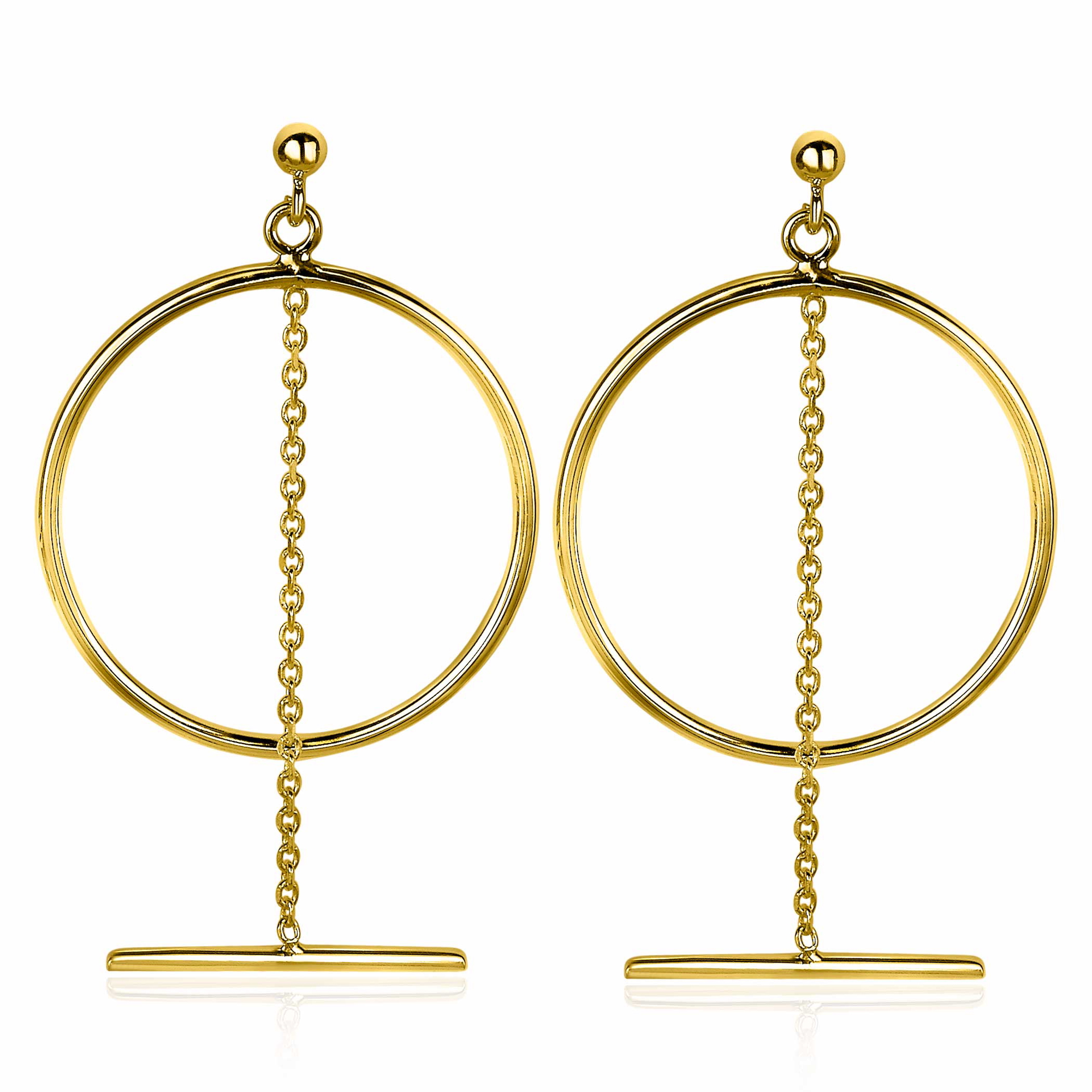 ZINZI zilveren grote open ronde oorsieraden 55 mm in 14K geel verguld met ketting en staafje ZIO2098