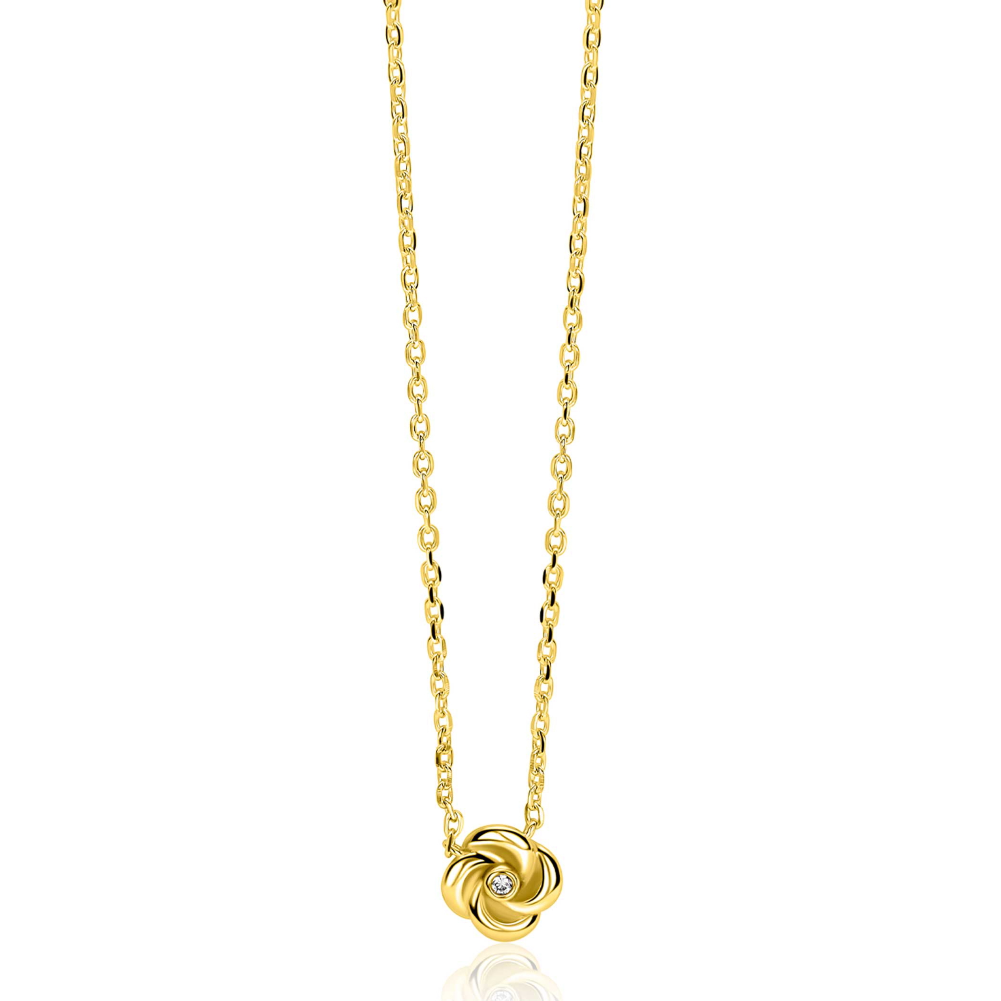 ZINZI gold plated zilveren ketting met hanger in roosdesign (9mm) en bezet met een witte zirkonia in het midden 42-45cm ZIC2872Y