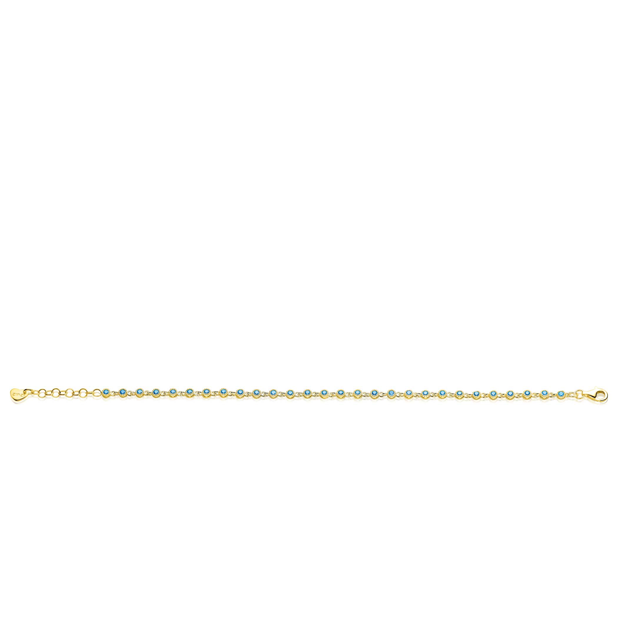 ZINZI gold plated zilveren armband met een speelse rij blauwe zirkonia’s in ronde zetting 3mm breed ZIA2893BG