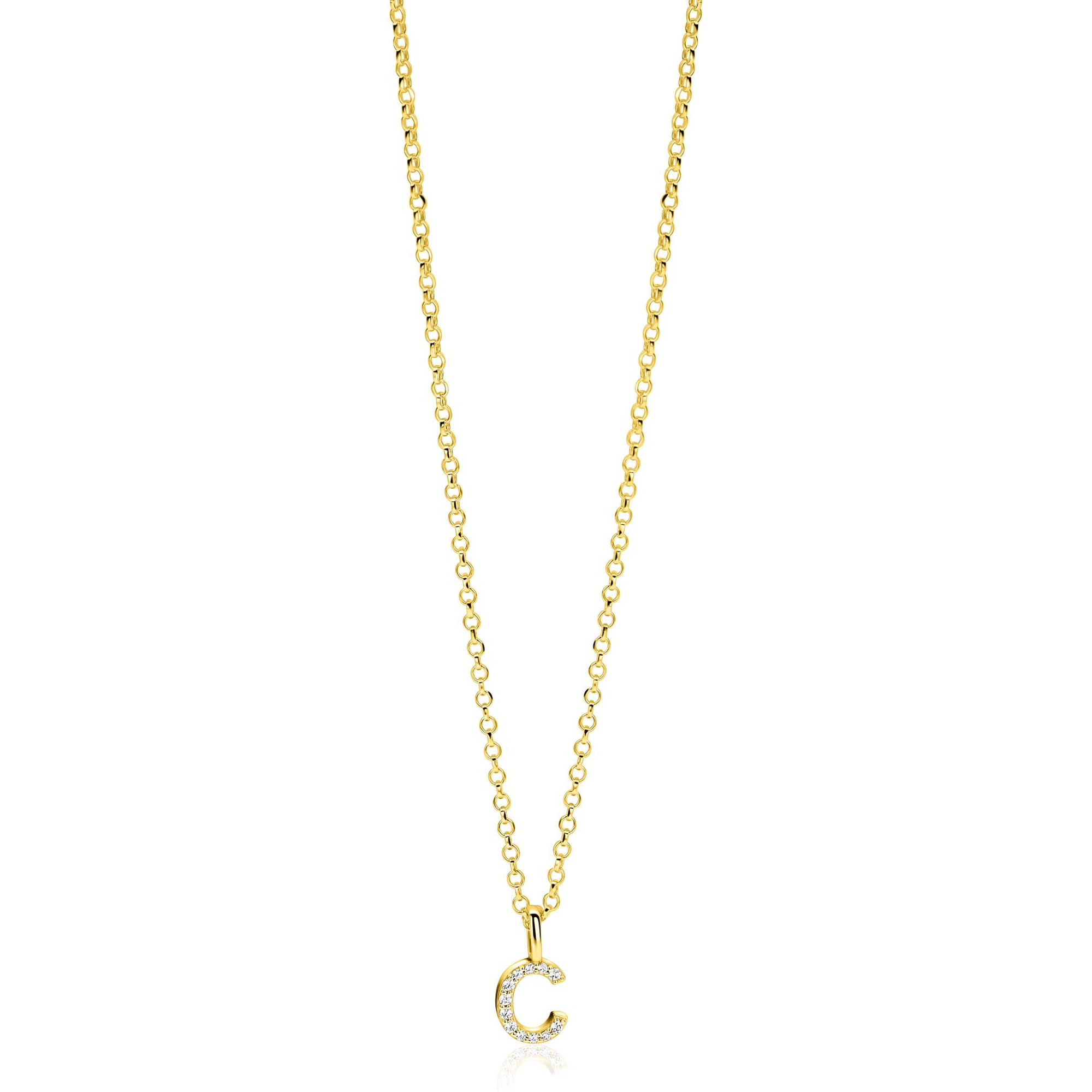 ZINZI gold plated zilveren letter hanger C bezet met witte zirkonia's ZIH2828-C (zonder ketting)