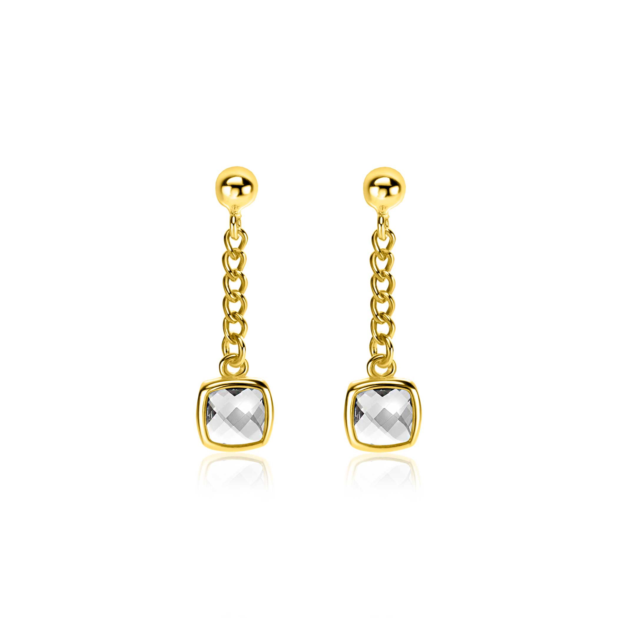 25mm ZINZI gold plated zilveren oorstekers met gourmet kettinkje en vierkante zetting bezet met witte zirconia ZIO2417Y