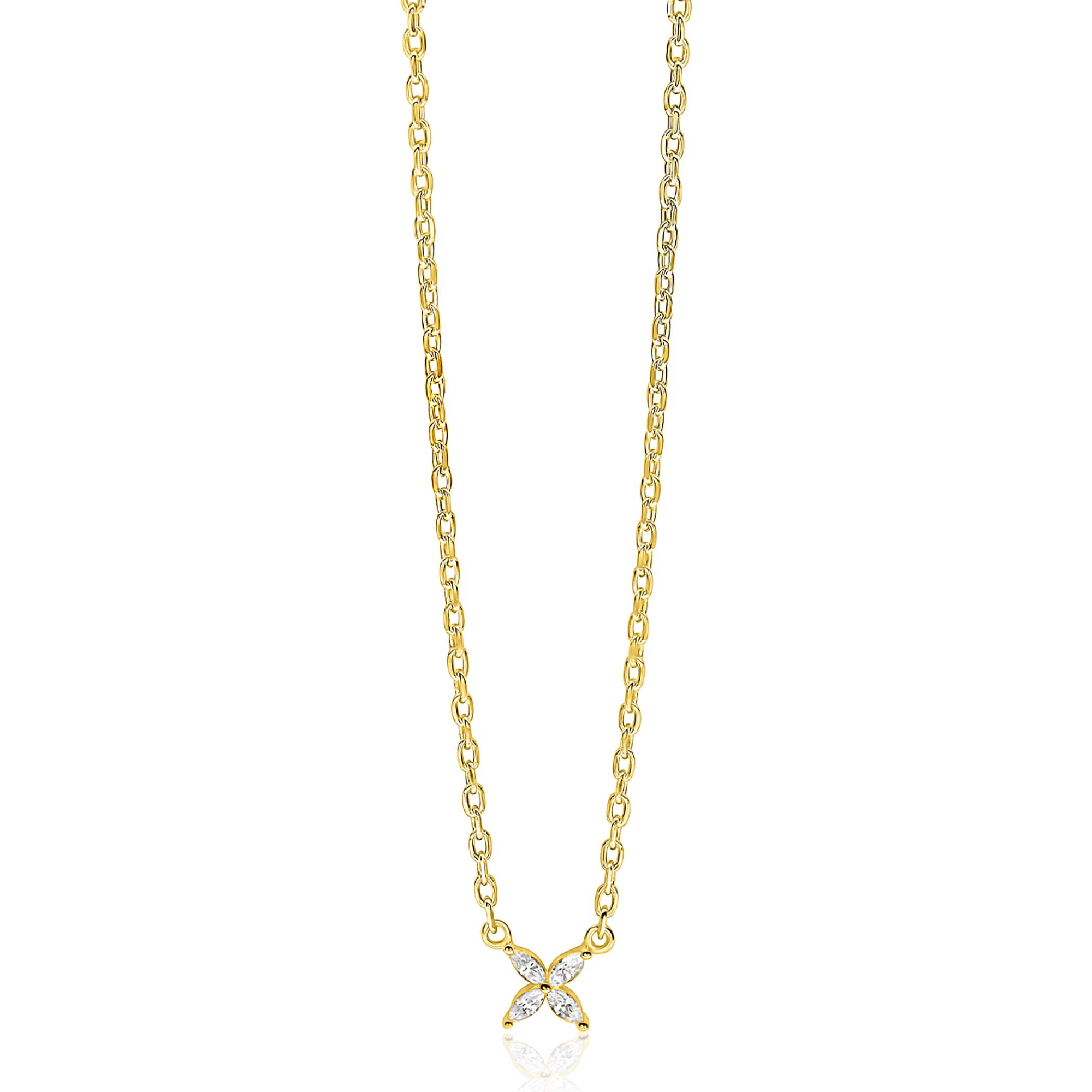 ZINZI gold plated zilveren ketting met bloem bezet met vier druppelvormige witte zirconia's 42-45cm ZIC2624