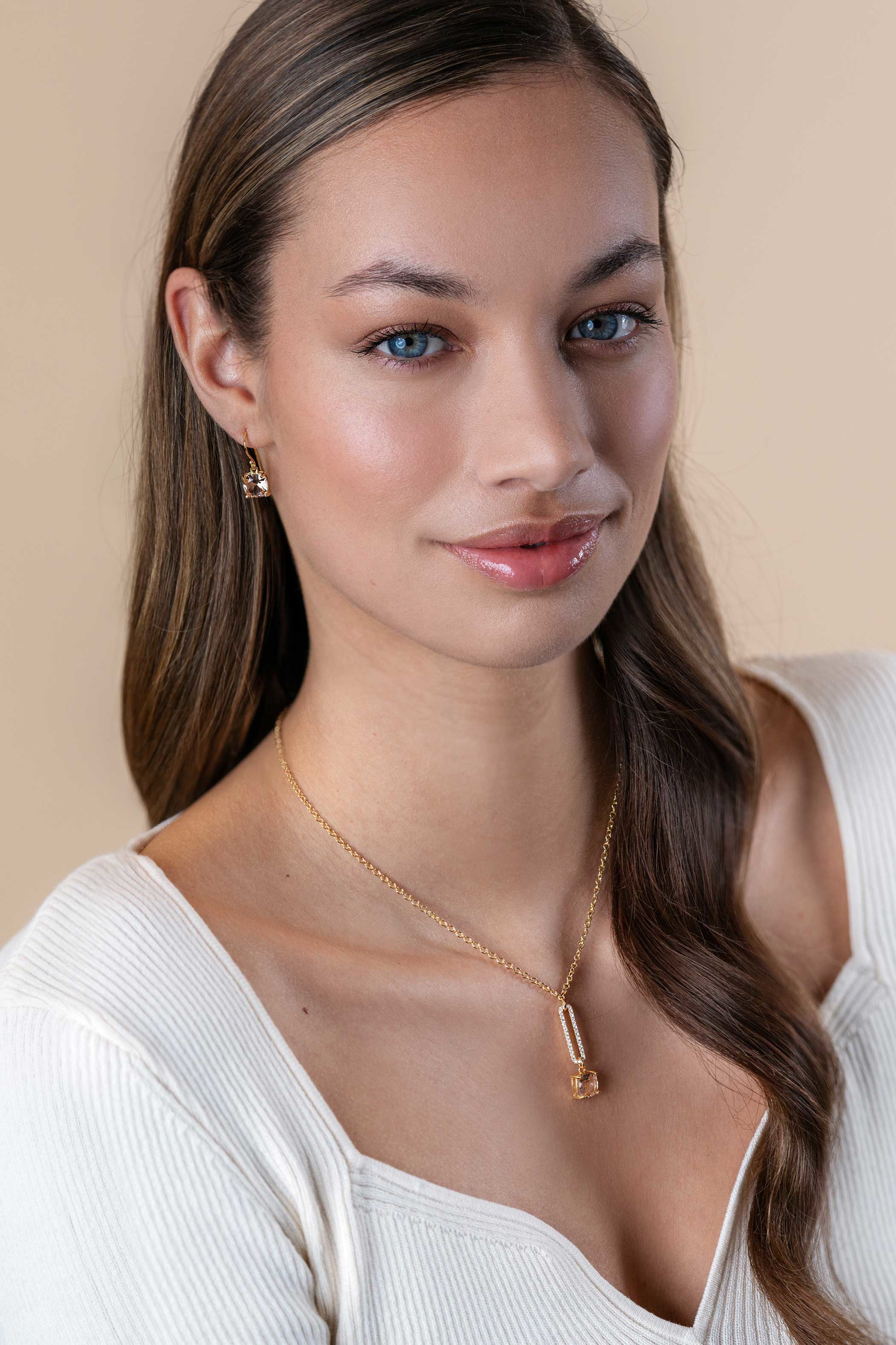 ZINZI gold plated silver belcher chain necklace with dazzling open oval shape and square pendant in light pink 42-45cm ZIC2579
