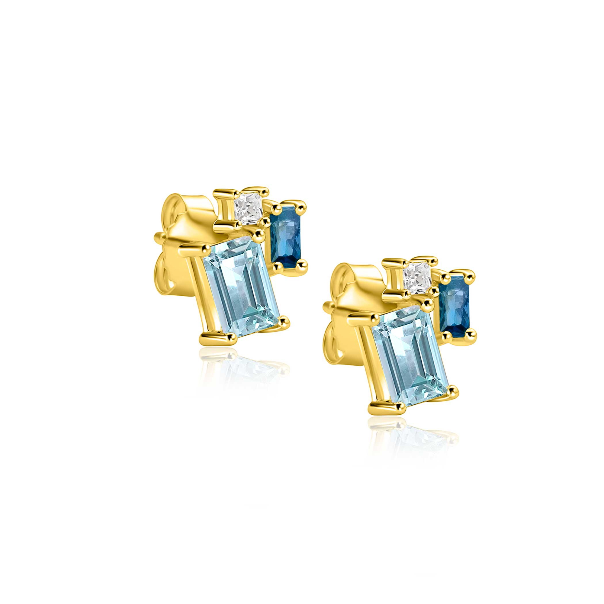 11mm ZINZI gold plated zilveren geometrische oorstekers met lichtblauwe, petrolblauwe en witte zirkonia's ZIO2897
