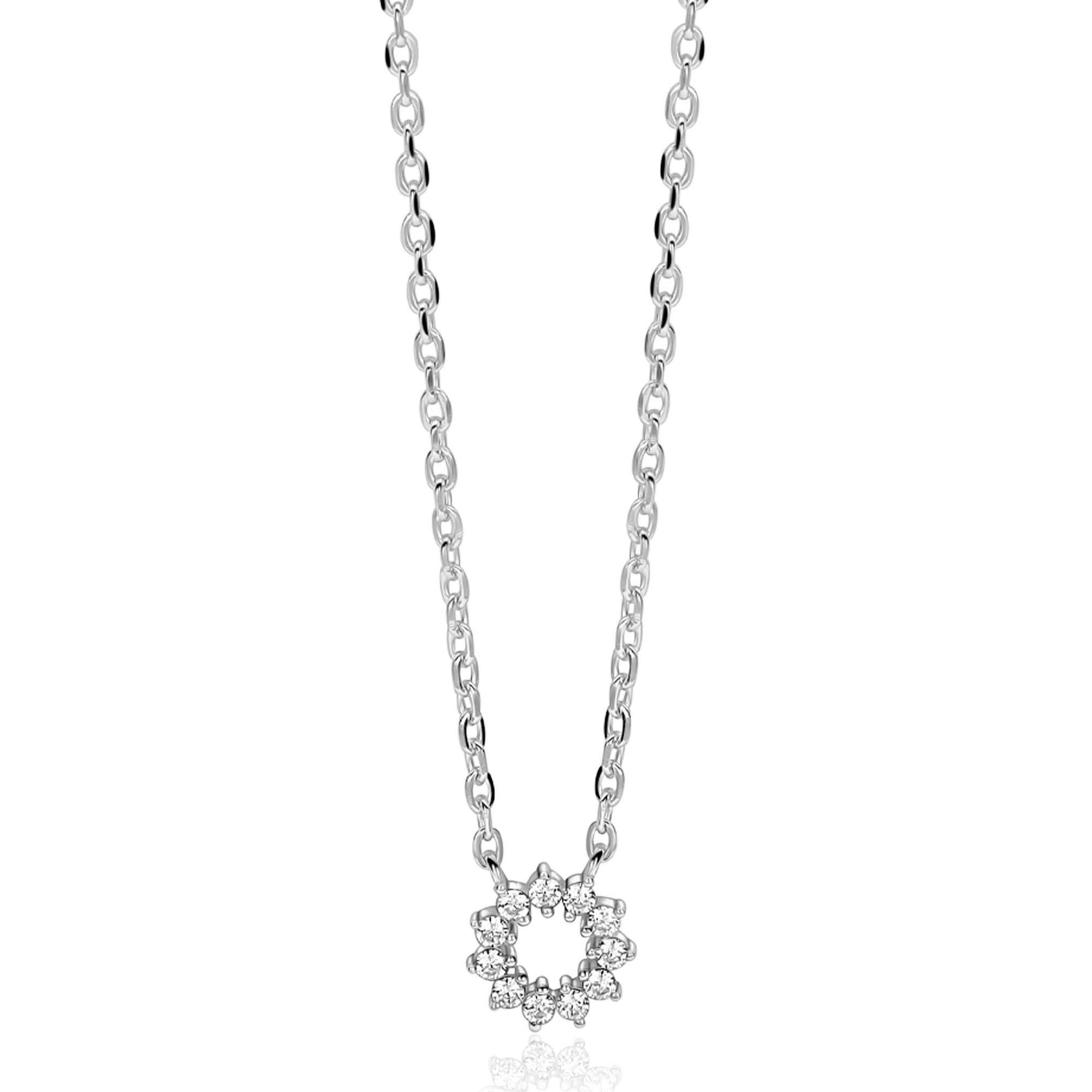 ZINZI zilveren ketting met ronde hanger (8mm) bezet met witte zirkonia’s in verfijnde chatonzetting 42-45cm ZIC2870