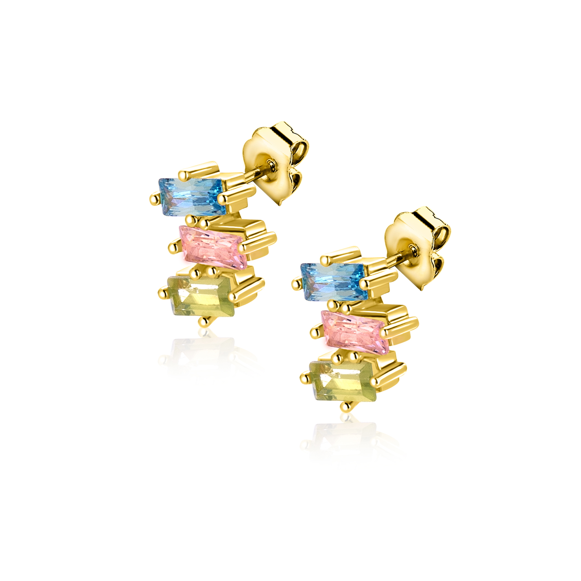 8mm ZINZI gold plated zilveren oorstekers driekleurige baguette zirkonia ZIO2739