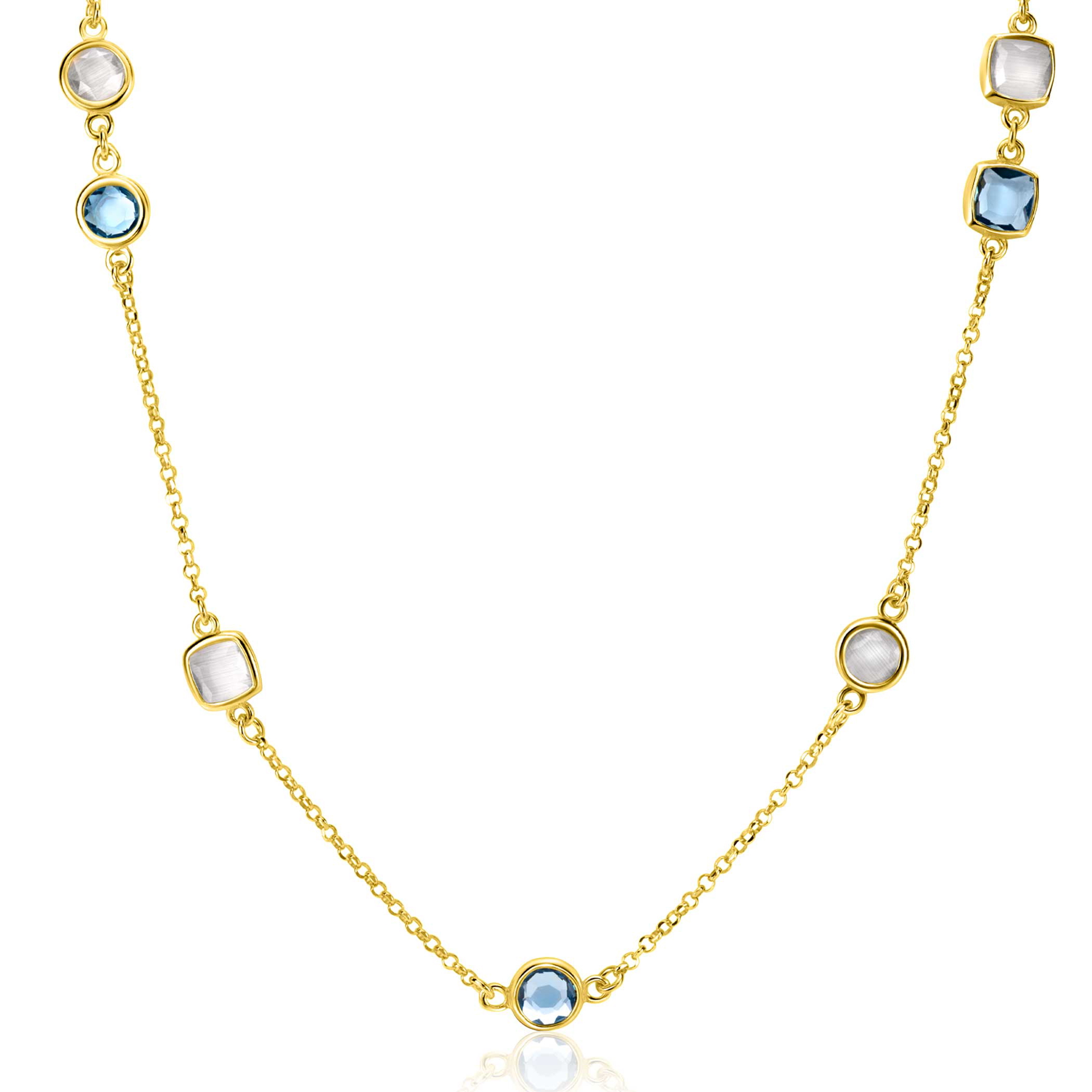 ZINZI gold plated zilveren ketting met ronde en vierkante zettingen jeansblauw en witgrijs 42-45cm ZIC2526G