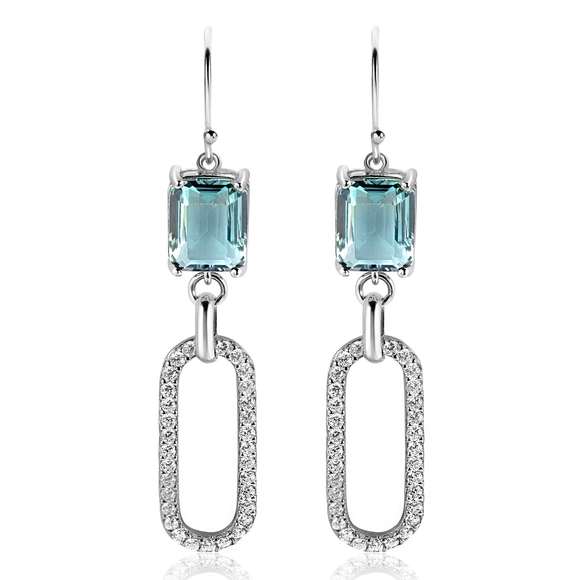 58mm ZINZI zilveren oorhangers met schitterende ovale schakel, bezet met witte zirconia's en groenachtig blauwe (petrol) kleursteen in vierpootszetting ZIO2487L