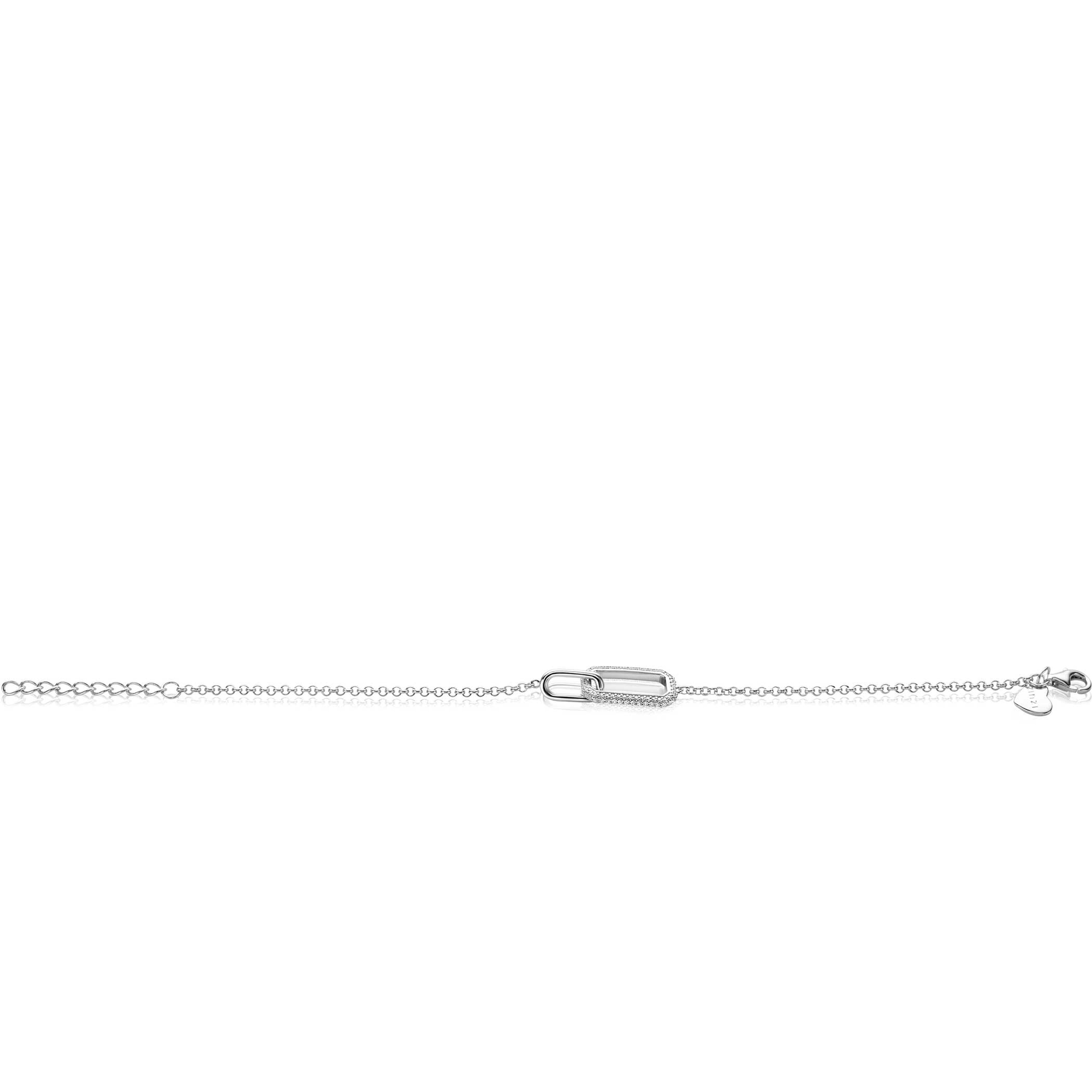 ZINZI Sterling Silver Bracelet with 2 Connected Chains: a Rectangular Chain Set with White Zirconias and a Shiny Oval Chain 16,5-19,5cm ZIA2551