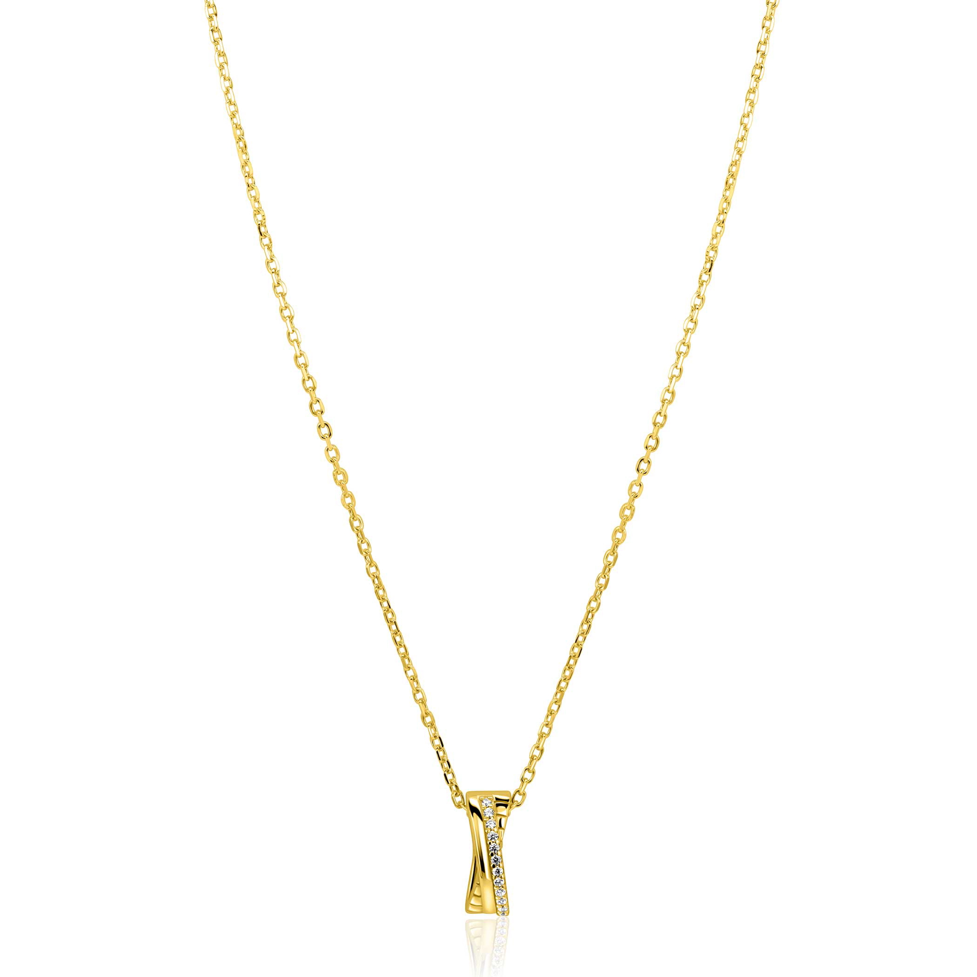 ZINZI gold plated zilveren ketting 45cm met luxe cross-over hanger (16mm) bezet met witte zirkonia's ZIC2801