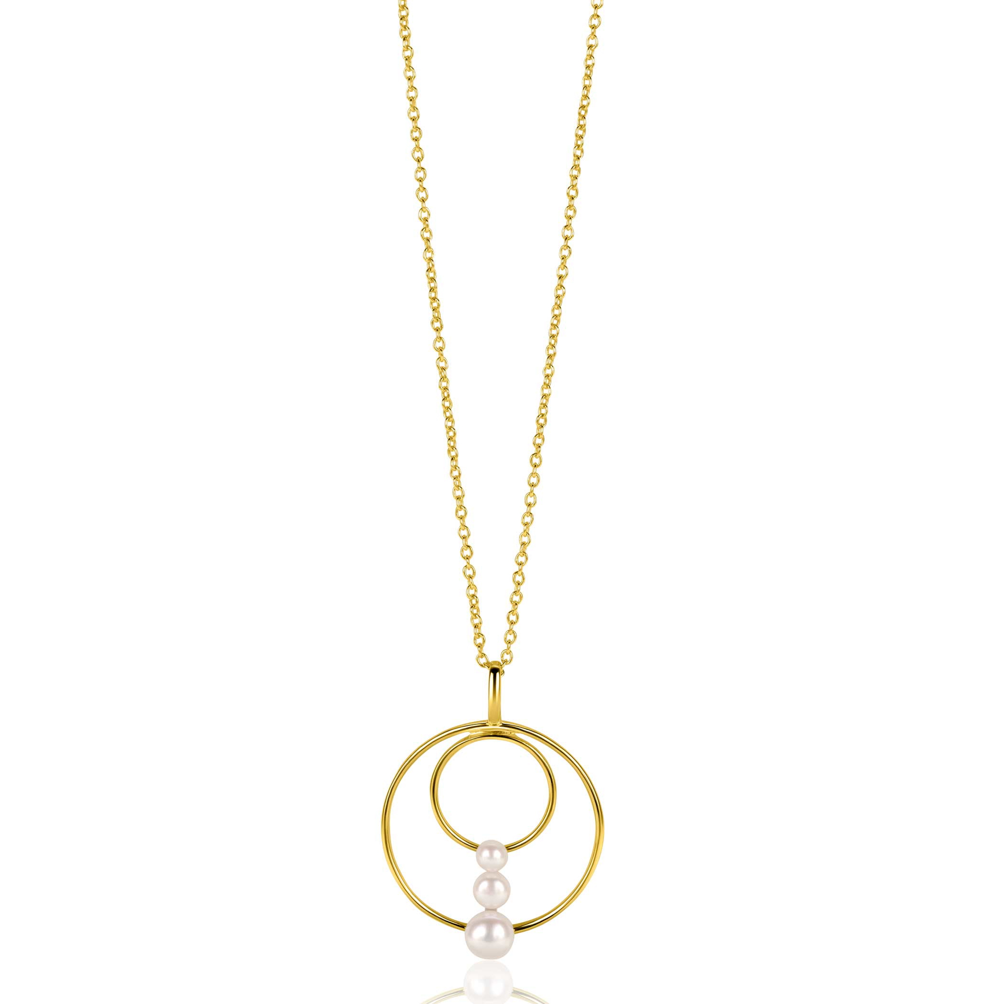 34mm ZINZI gold plated zilveren ronde fantasie hanger bezet met drie ronde witte zoetwaterparels ZIH2616 (zonder collier)