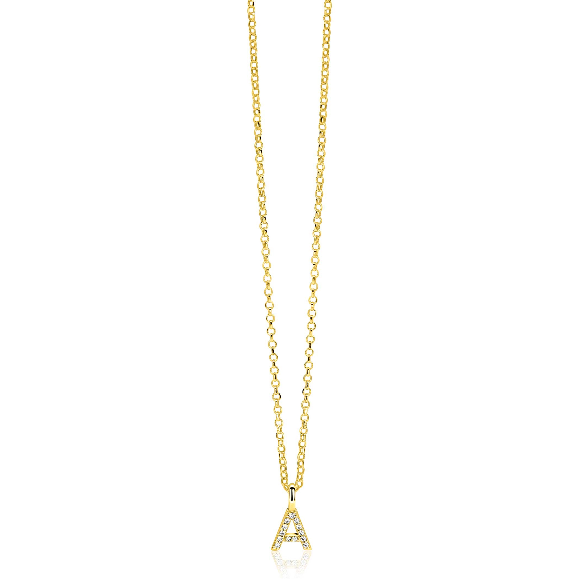 ZINZI gold plated zilveren letter hanger A bezet met witte zirkonia's ZIH2828-A (zonder ketting)