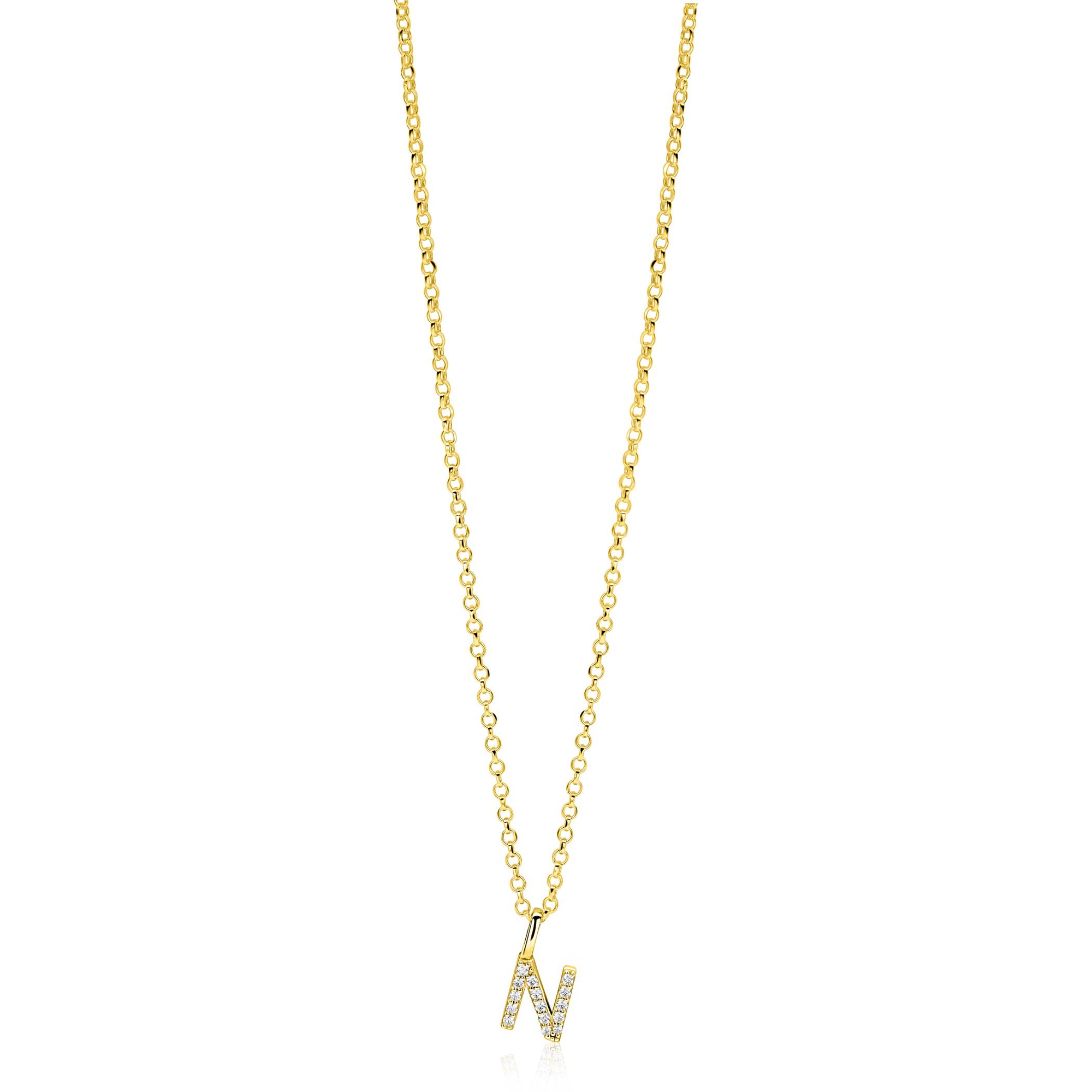 ZINZI gold plated zilveren letter hanger N bezet met witte zirkonia's ZIH2828-N (zonder ketting)