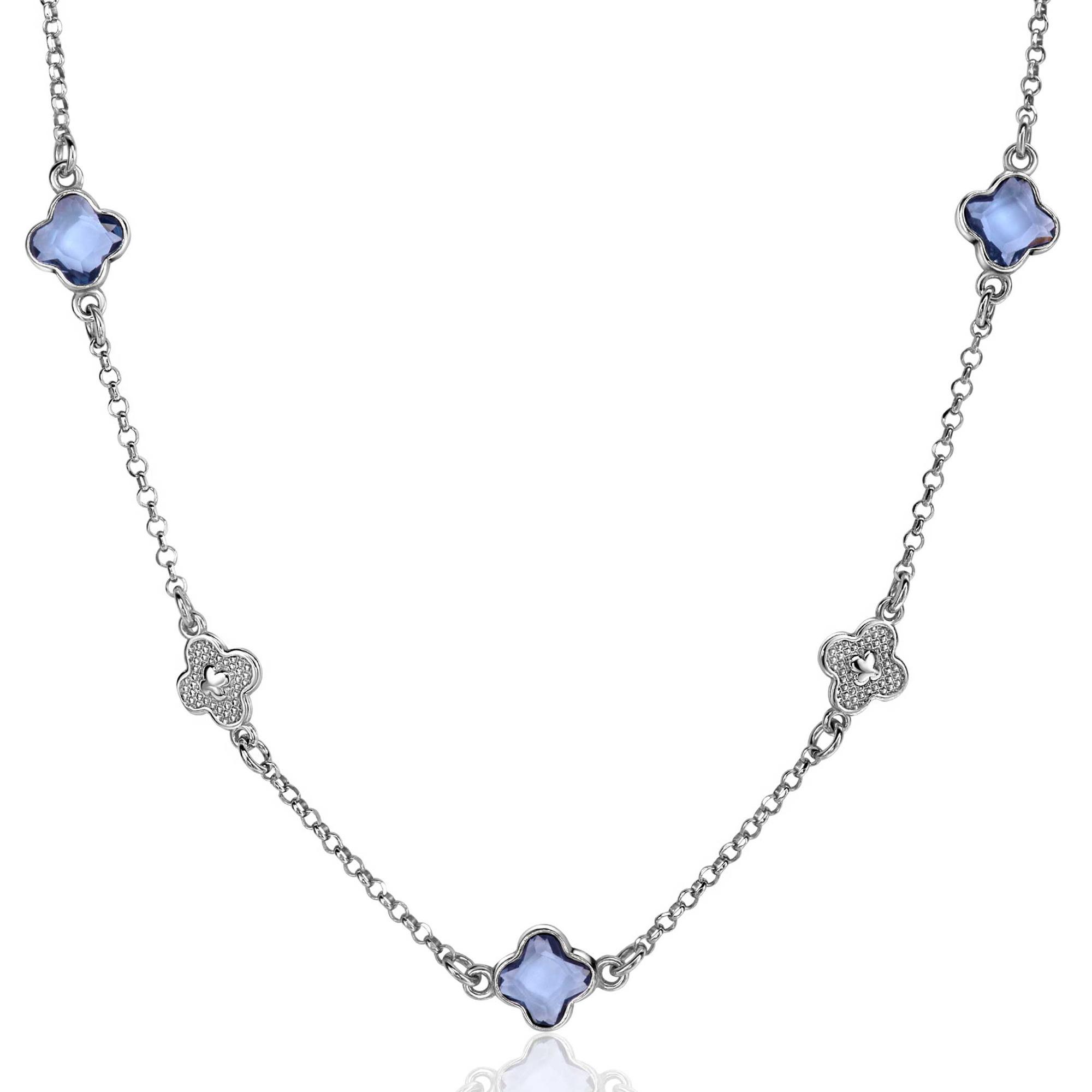 ZINZI zilveren schakel ketting met twee zilveren en drie blauwe klavers 40-45cm ZIC2582
