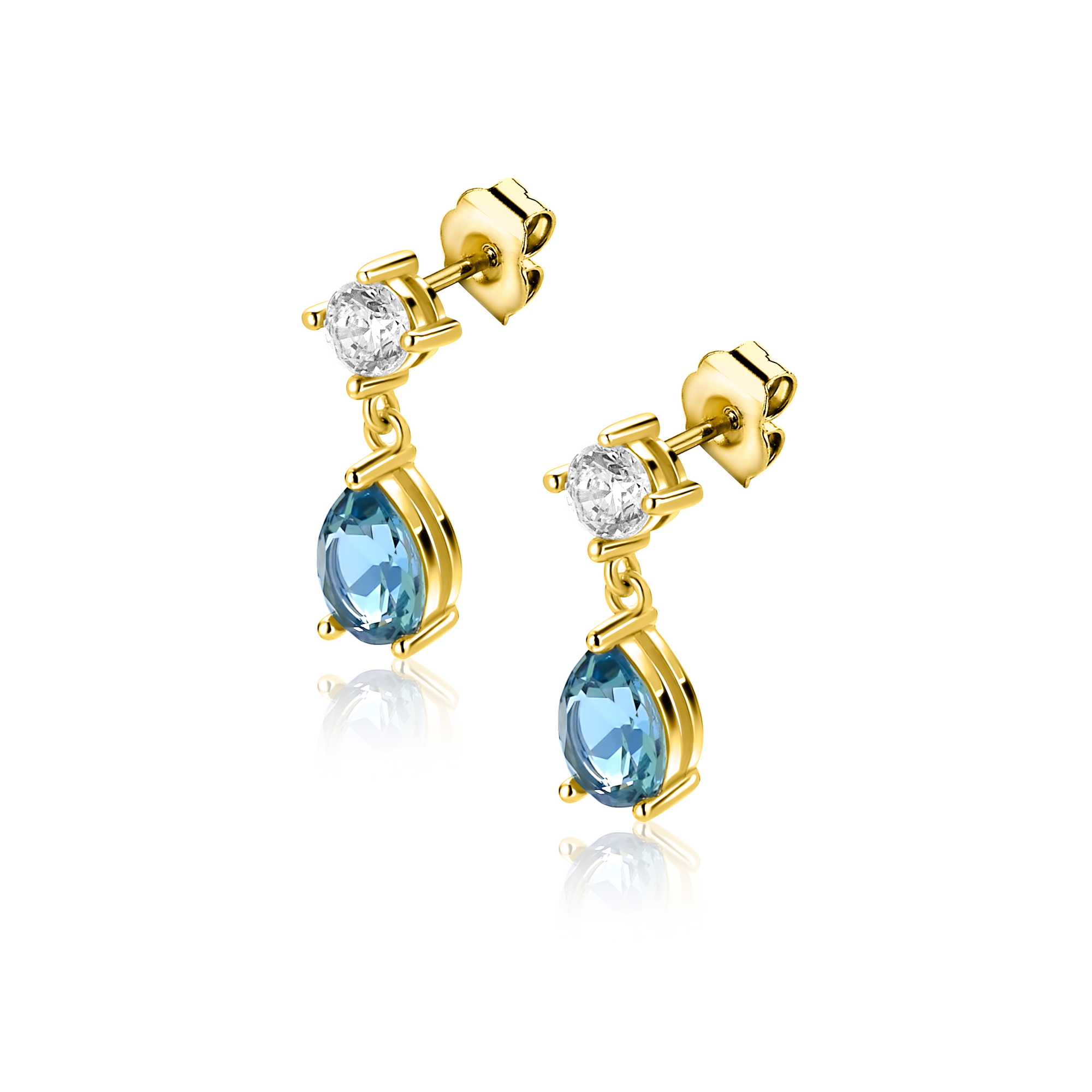 16mm ZINZI gold plated zilveren oorstekers blauwe peer en wit ronde zetting ZIO2744