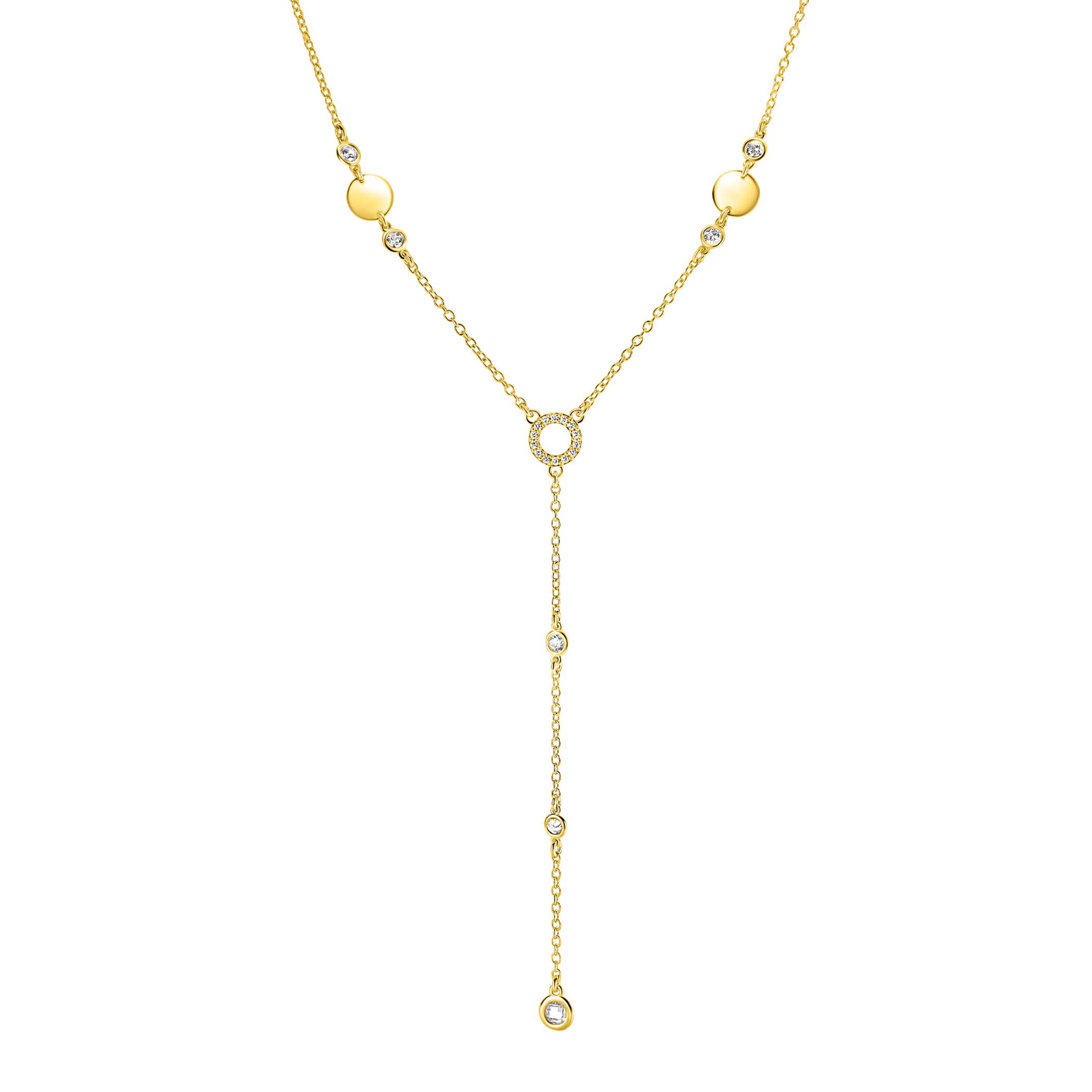 ZINZI gold plated zilveren Y-collier 45cm met glimmende ronde elementen en bezet met fonkelende witte zirkonia's ZIC2909